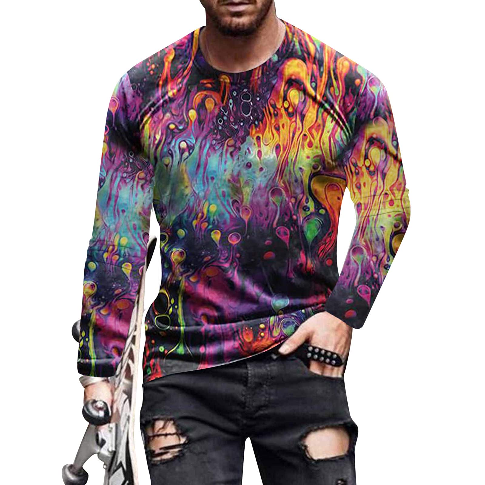 WOCACHI Men's 3D Printed Graphic Long Sleeve T-Shirt - Street Style Funny Crewneck Slim Fit Casual Tee for Everyday Wear & Urban Fashion