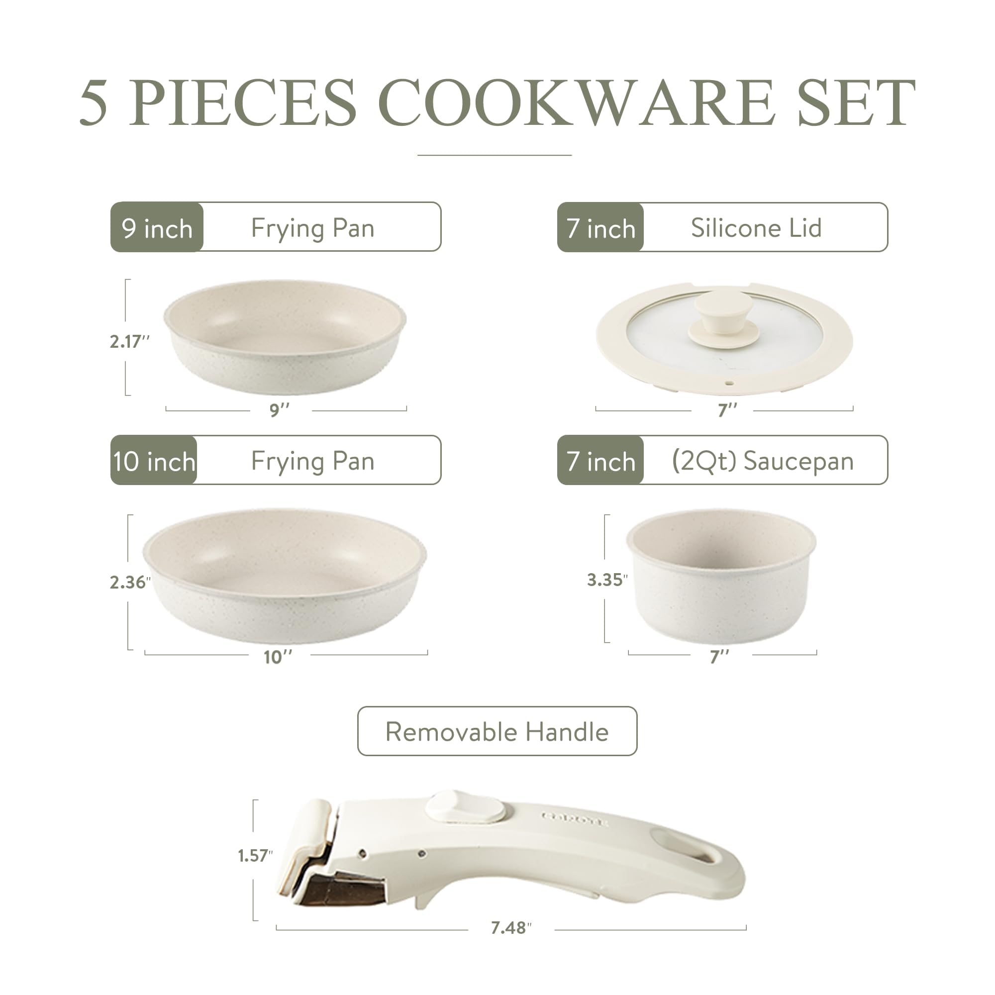 CAROTE Nonstick Cookware Set - 5-Piece Detachable Handle Pots and Pans Set, Oven Safe & Stackable Kitchen Cookware for RV, Camping, Small Spaces & Everyday Cooking (White)