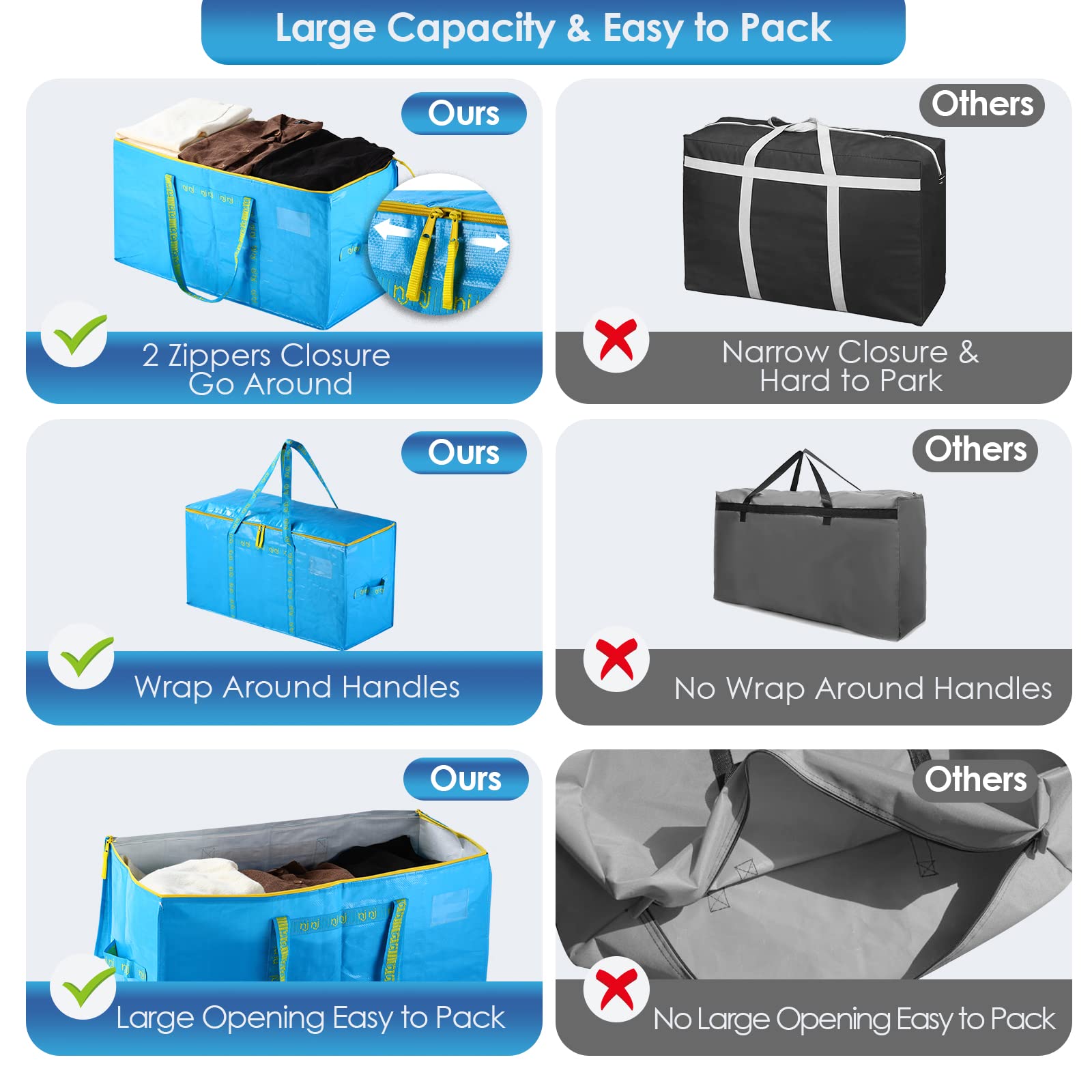 8-Pack Extra Large Heavy Duty Moving Bags with Handles - Waterproof Storage Totes for Packing & Organizing - Reinforced Puncture Resistant Material & Strong Zipper Pulls - Alternative to Moving Boxes - Perfect for Home Storage, Moving Houses & Travel Luggage Organization