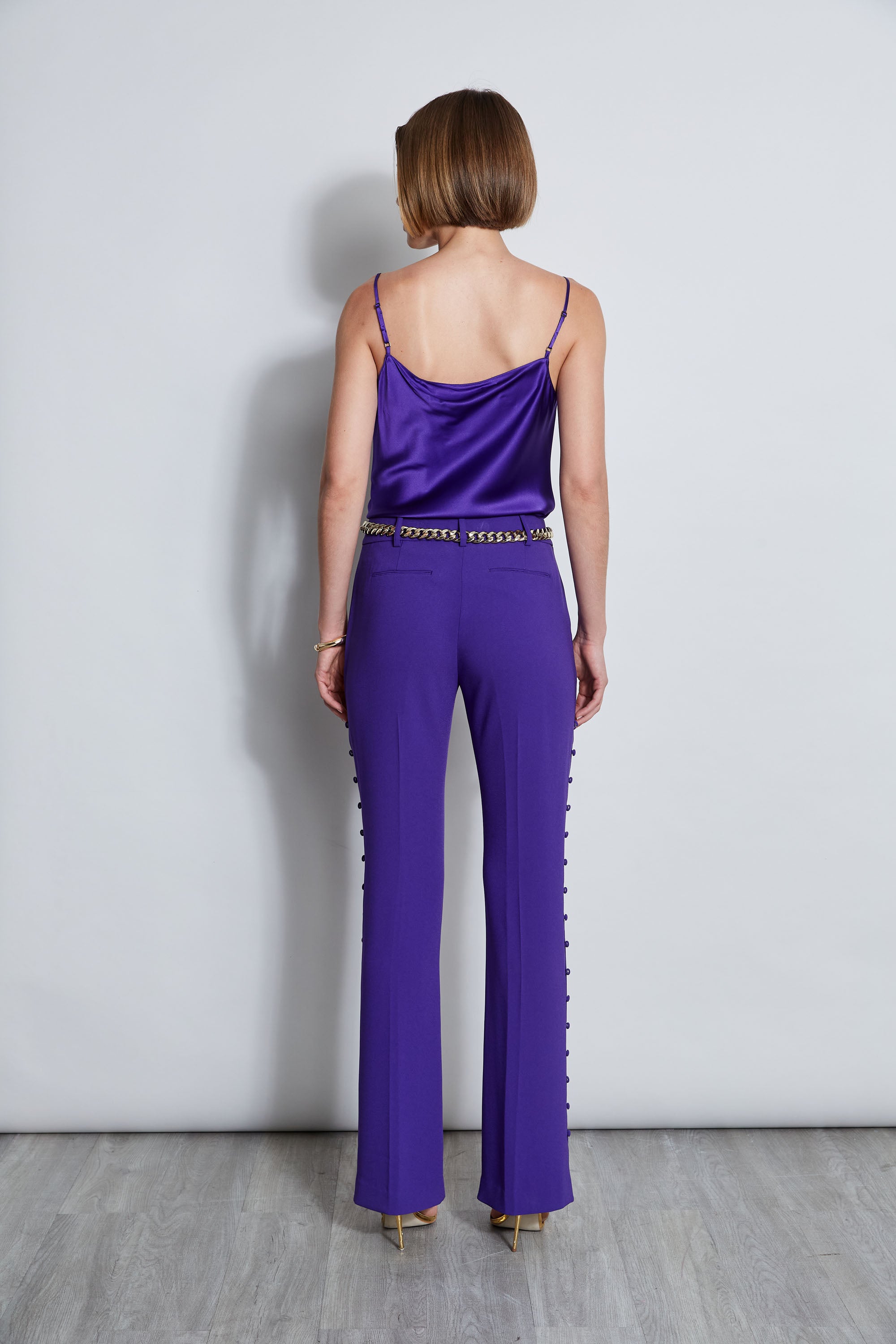 Women's High Waisted Side Button Crepe Pants - Comfortable Stretchy Trousers for Work, Office & Casual Wear