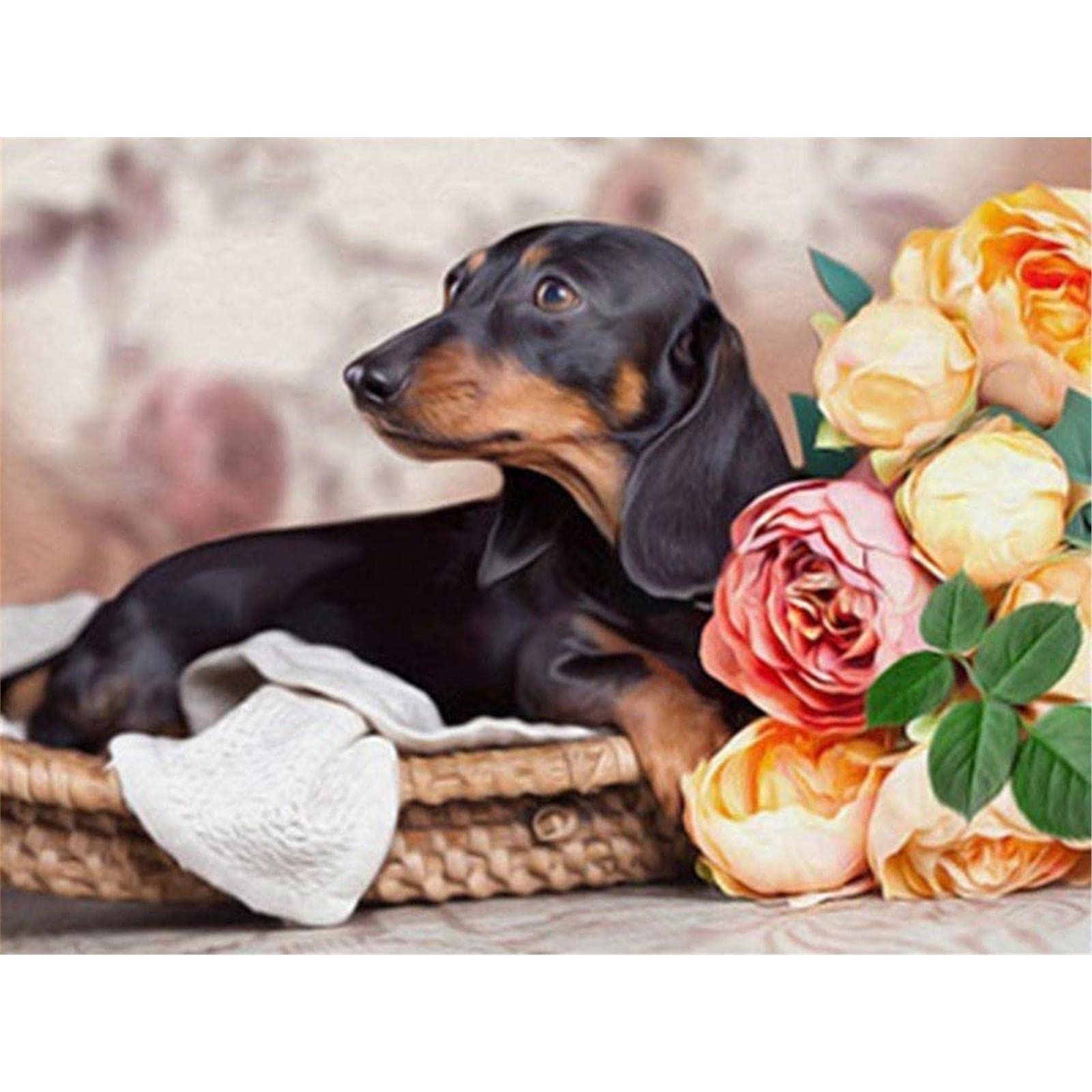 5D DIY Diamond Painting Kit - Dachshund Dog & Flower Cross Stitch Art with Rhinestones, 11.8x15.8 Inch, Perfect for Home Decor, Craft Gifts & Relaxation Therapy