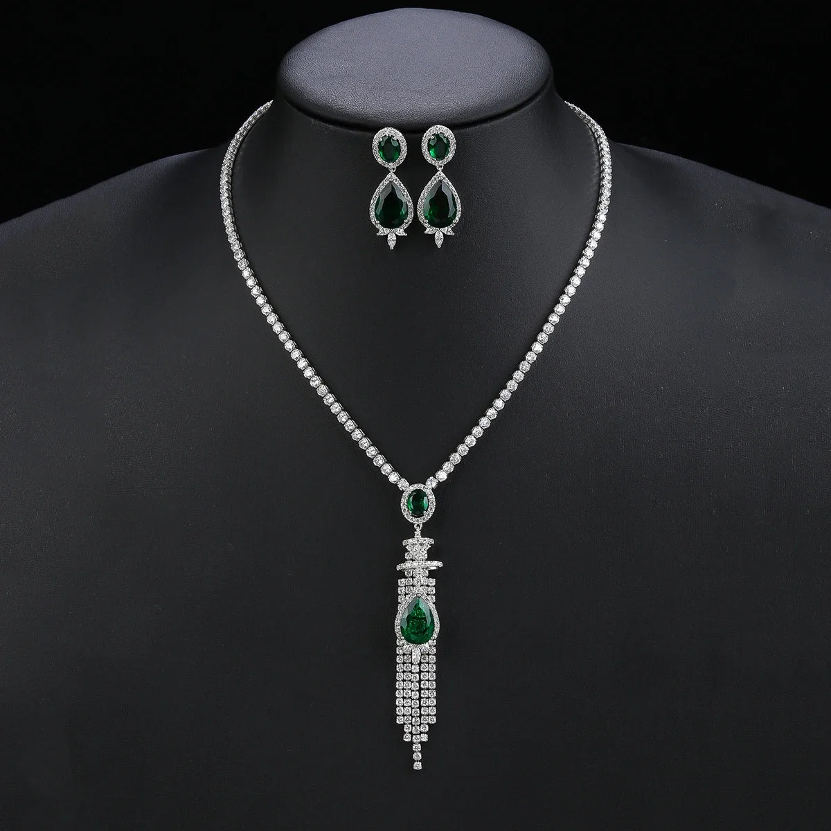 Elegant CZ Cubic Zirconia Long Tassel Pendant Necklace & Earrings Set for Women - Bridal Wedding Jewelry Gift Set (CN11008) | Perfect for Weddings, Anniversaries and Special Occasions
