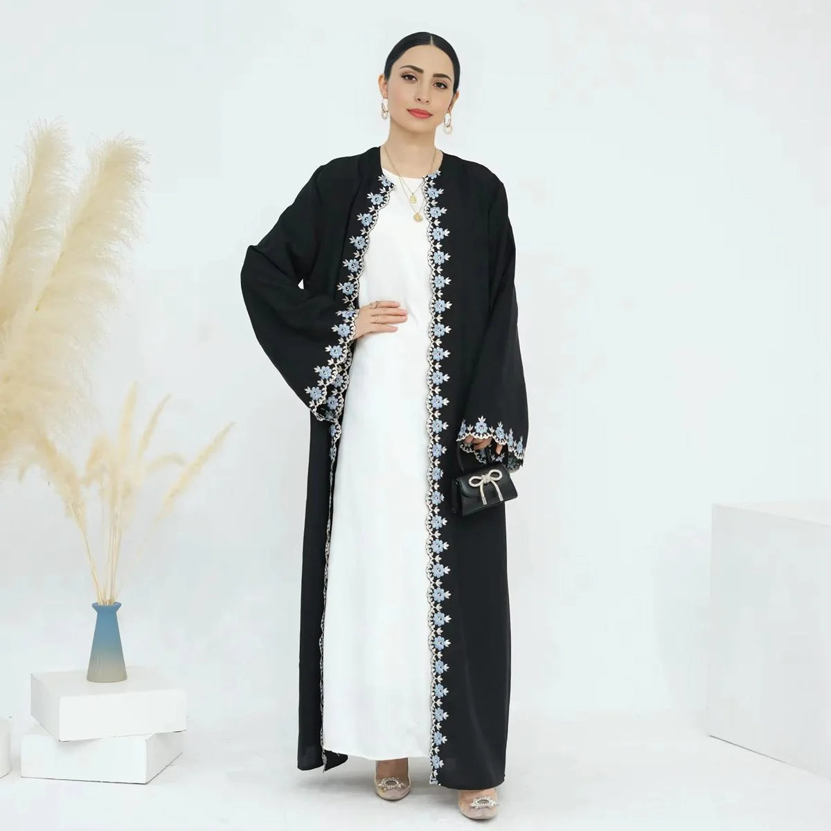 Floral Embroidered Nida Cardigan Open Abaya Dress for Women - Elegant Muslim Abaya with Embroidery Details for Prayer, Mosque, and Special Occasions