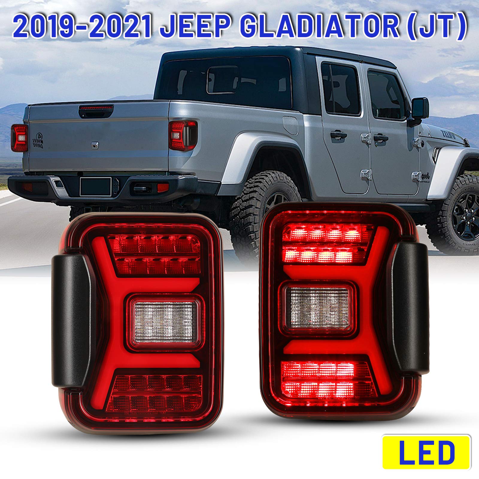 AUTOWIKI LED Tail Light Assembly for 2019-2021 Jeep Gladiator JT - Sequential Turn Signal Tail Lights Replacement - Black Red Lens - 1 Pair Rear Brake Tail Lamps - Perfect for Off-Roading & Night Driving