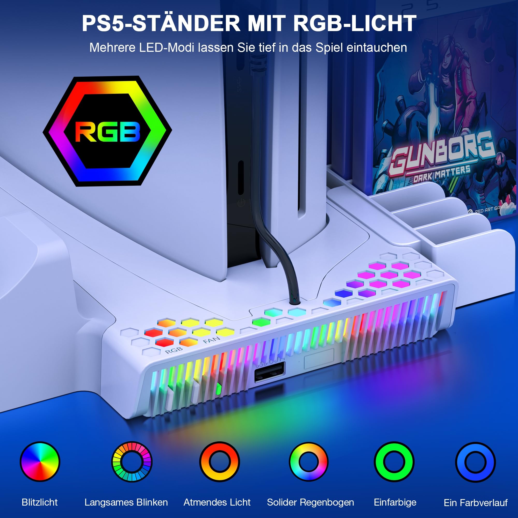 New PS5 Console Stand Slim - 3 Speed Cooling Fan, Controller Charger & 14 Game Storage Holder for PS5 Disc/Digital Edition | Perfect for Gaming Setup & Entertainment Center Organization