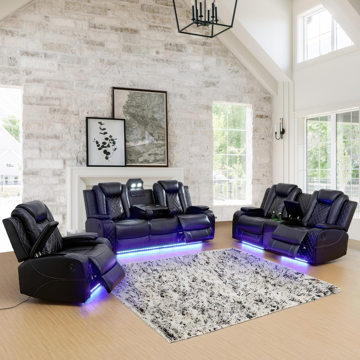 Premium Power Reclining Leather Sofa Set with LED Lights, USB Ports & Cup Holders - 3-Piece Living Room Furniture Set in Black - Perfect for Home Theater, Gaming & Family Relaxation