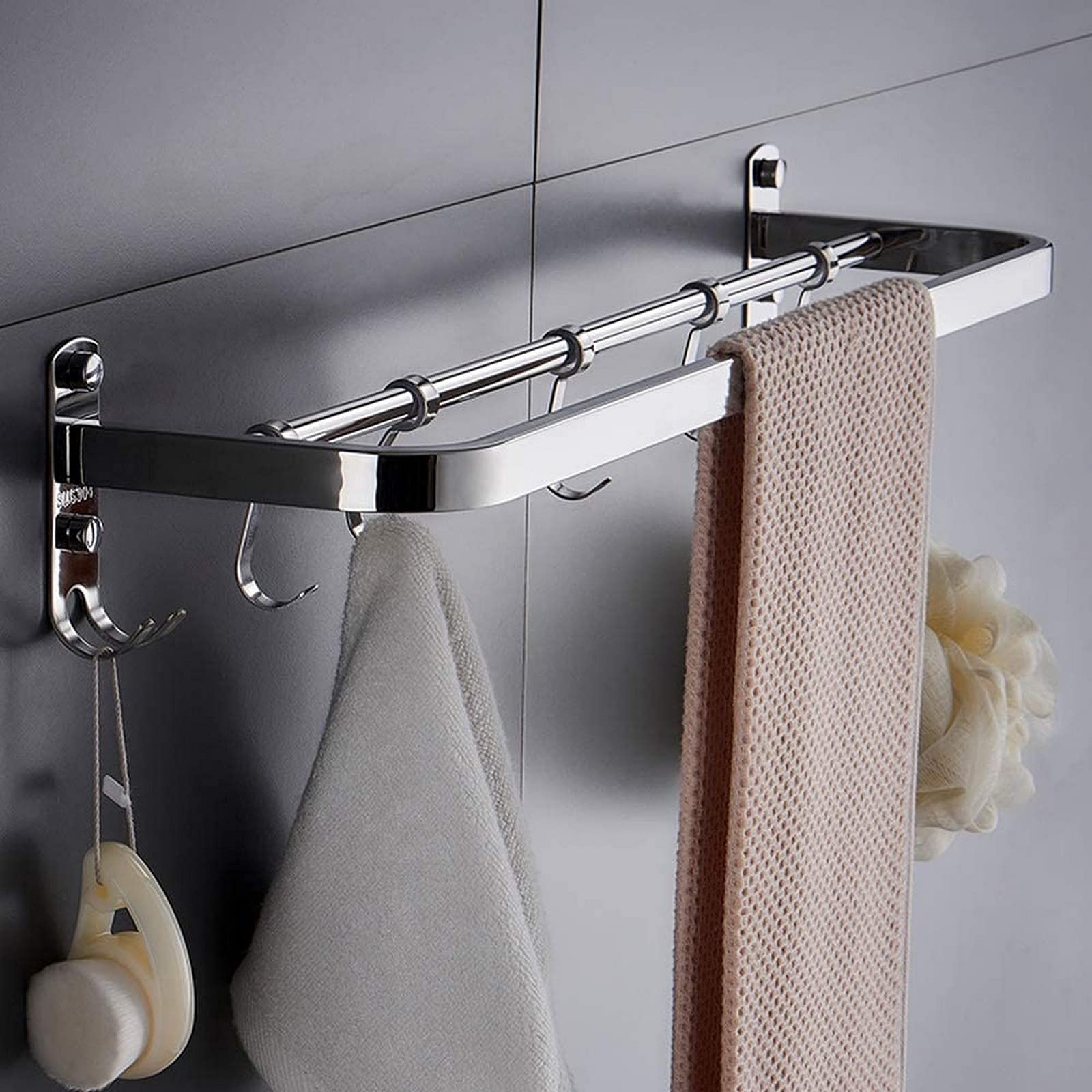 Stainless Steel Bathroom Shelf & Towel Rack - Wall Mounted Storage Organizer with Hooks for Bath Towels, Kitchen Utensils & Spices | Perfect for Shower, Bathroom & Kitchen Decor (SUS 304)
