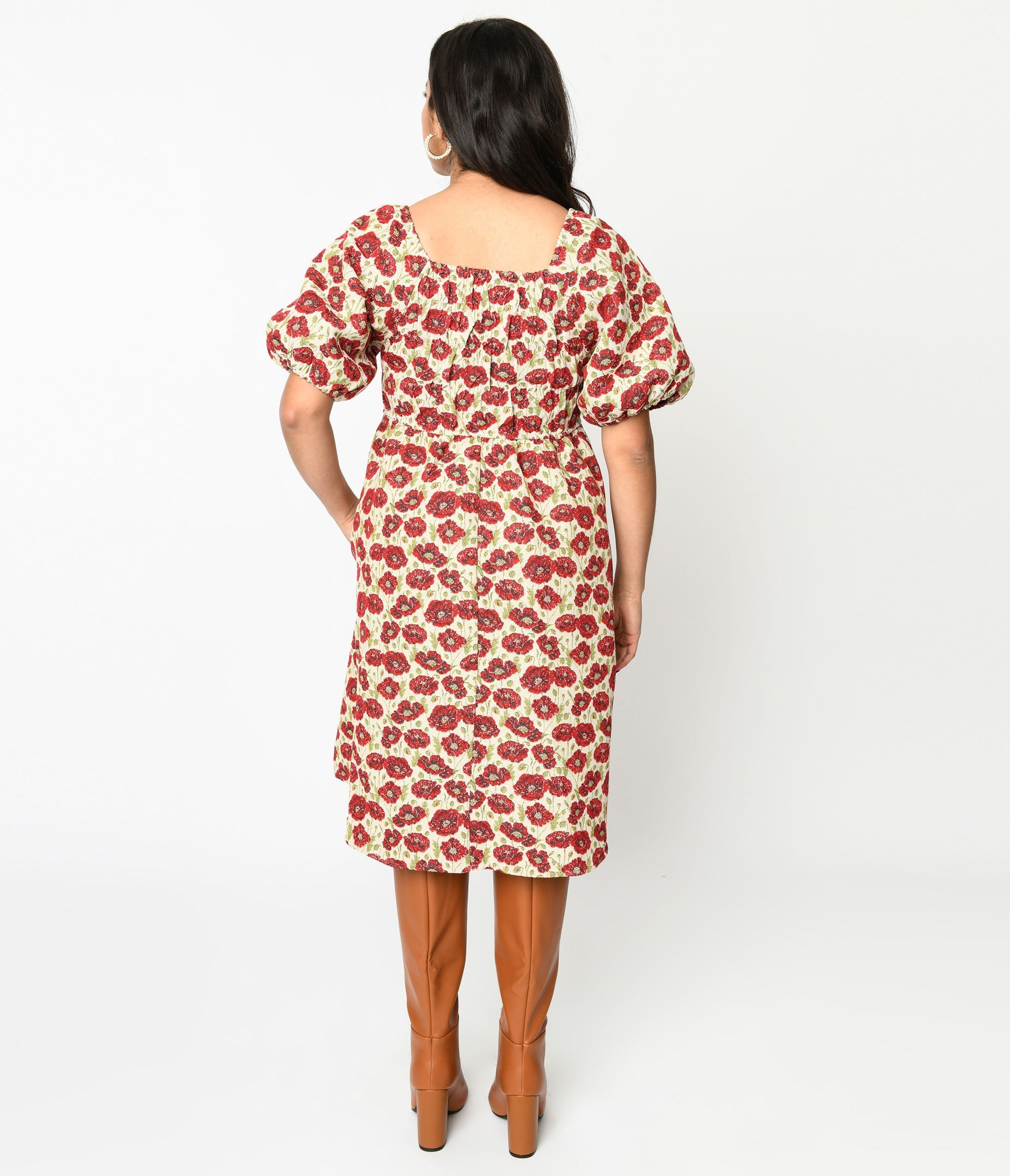 Ivory & Red Floral Jacquard Fit and Flare Dress for Women - Elegant Party, Wedding Guest, Cocktail & Special Occasion Outfit
