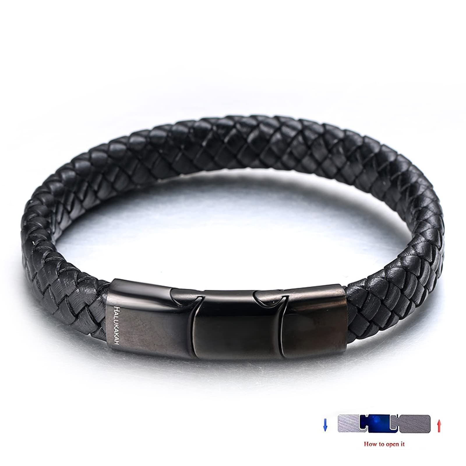 Men's Genuine Leather Bracelet - Classic Black/Brown with Gold/Silver/Black Titanium Magnetic Clasp - Adjustable 8.5