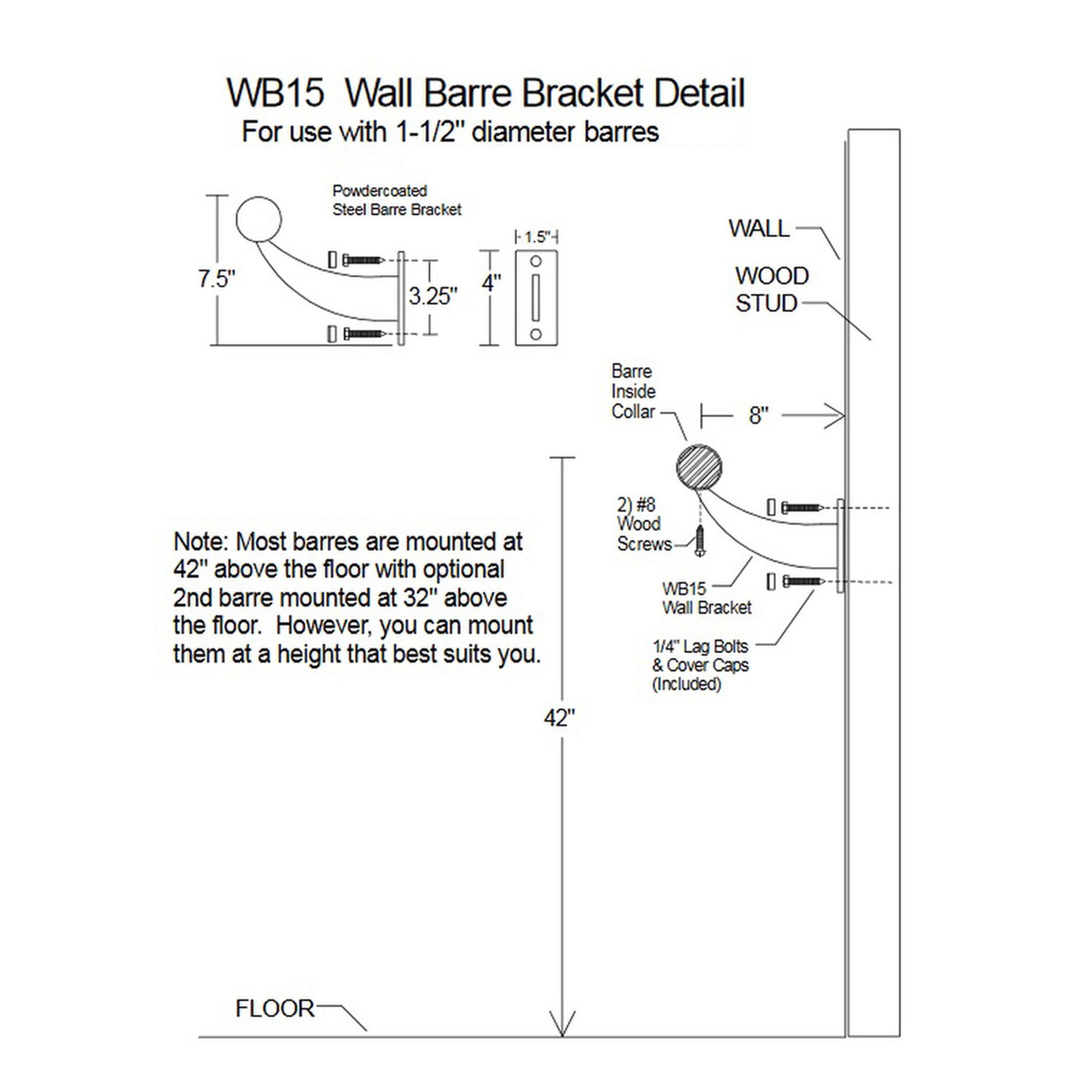 VITA Barre Wall-Mounted Single Ballet Barre - Classic WB15 Wooden Fixed Height Bar | Made in USA | Home, Studio & Gym Exercise Equipment for Kids & Adults | Perfect for Dance Training, Fitness Workouts & Pilates Practice | Ideal for Ballet Classes, Home Dance Studios & Fitness Rooms