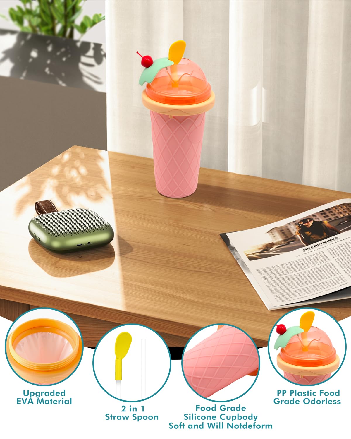 Magic Slushie Cup Maker with Lids & Straws - Portable Frozen Drink Cup for Smoothies, Juices, Milk & Ice Cream - Fun Slushy Cup for Kids, Friends & Family (Pink) - Perfect for Parties, Picnics & Summer Treats