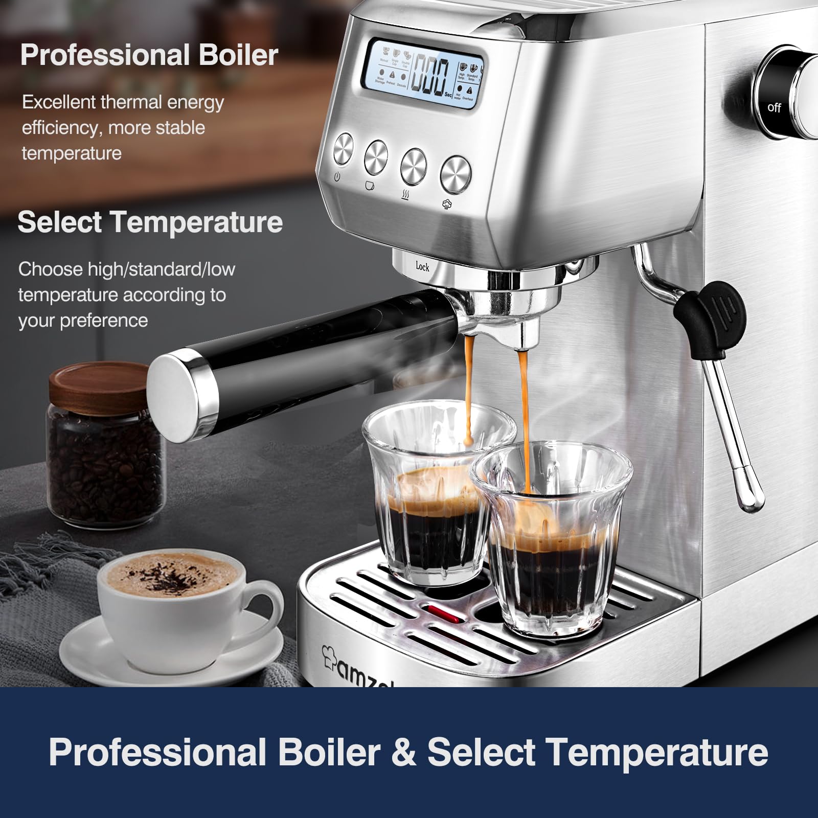 AMZCHEF 20 Bar Espresso Machine with Milk Frother, LCD Display & Adjustable Temperature - Compact Cappuccino Maker for Home, Office Use - Perfect Coffee Gift for Friends & Family (Ideal for Morning Brews, Entertaining Guests & Small Spaces)