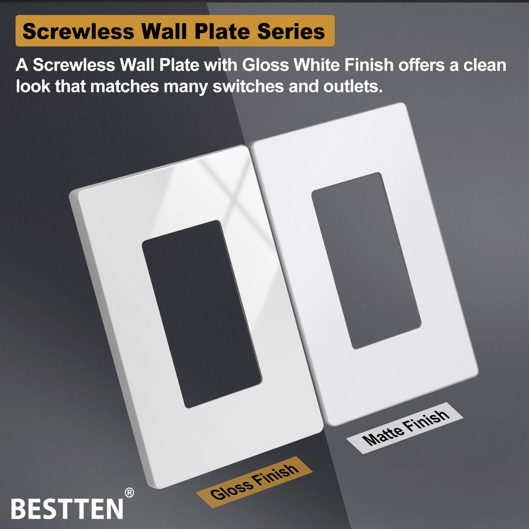 (100 Pack) BESTTEN 1-Gang Screwless Wall Plate - Glossy White Decorator Outlet Cover for Light Switch, Dimmer, USB, GFCI & Receptacle - Ideal for Home, Office & Commercial Renovations