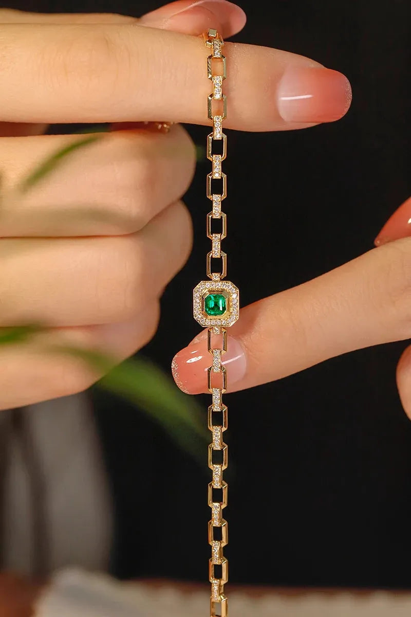 18K Yellow Gold Emerald and Diamond Bracelet for Women - Luxury Elegant Real Natural Gemstone Jewelry - Perfect for Wedding, Party, Anniversary and Special Occasions