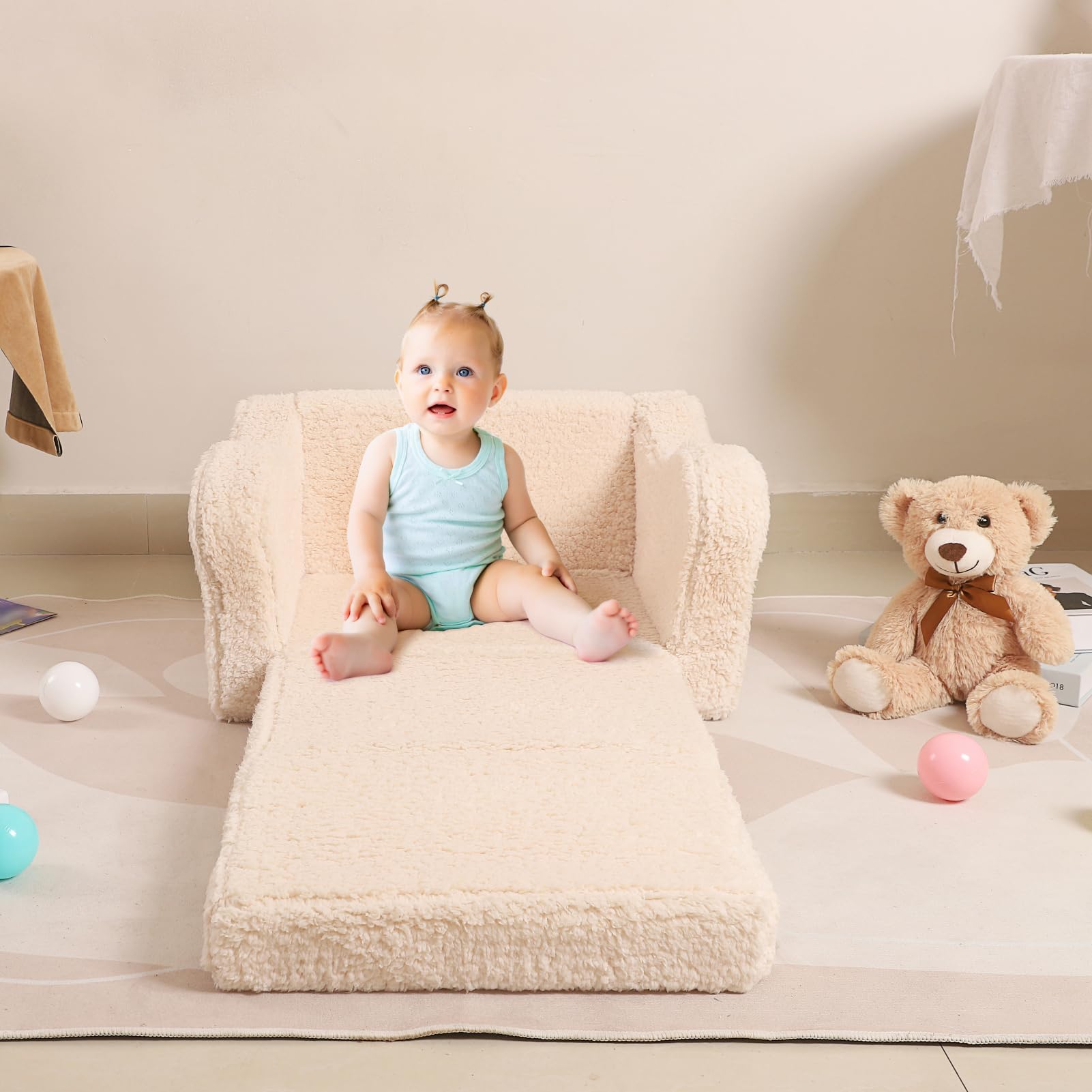 2-in-1 Convertible Toddler Chair - Soft Sherpa Kids Sofa & Lounger for Boys & Girls (Cream) | Perfect for Playroom, Nursery & Reading Nook
