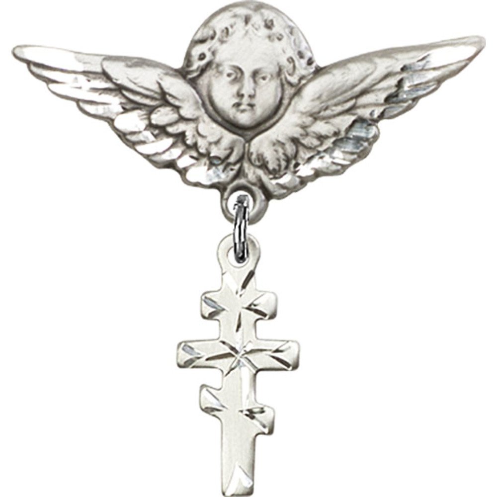 Sterling Silver Baby Badge Pin with Greek Orthodox Cross Charm & Angel Wings - 1 1/4
