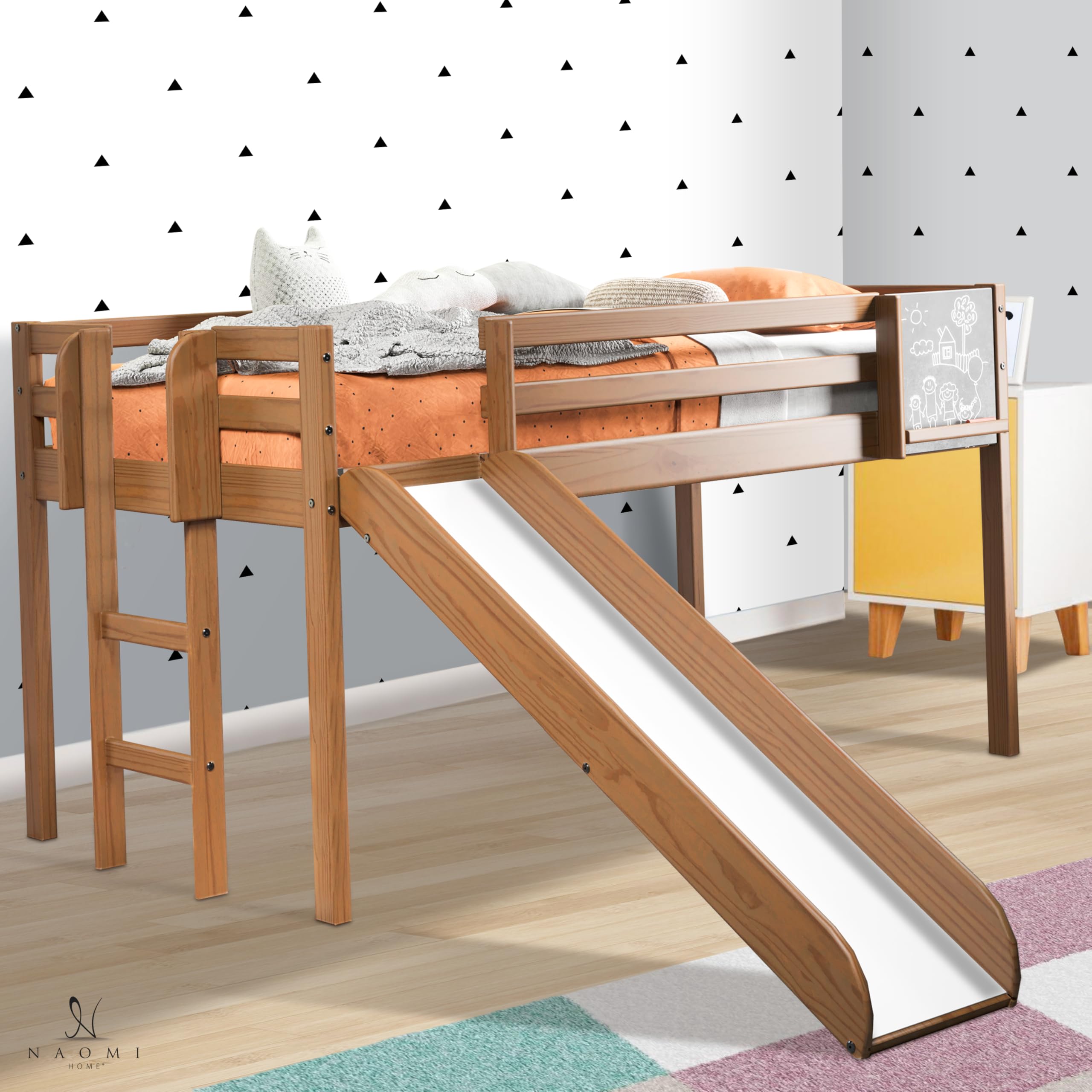Naomi Home Cindy Twin Loft Bed with Slide - Solid Wood Toddler & Kids Bed with Ladder, Chalkboard - Space Saving Bed Frame for Boys & Girls (Latte Finish) | Perfect for Small Rooms, Playrooms & Shared Kids' Bedrooms
