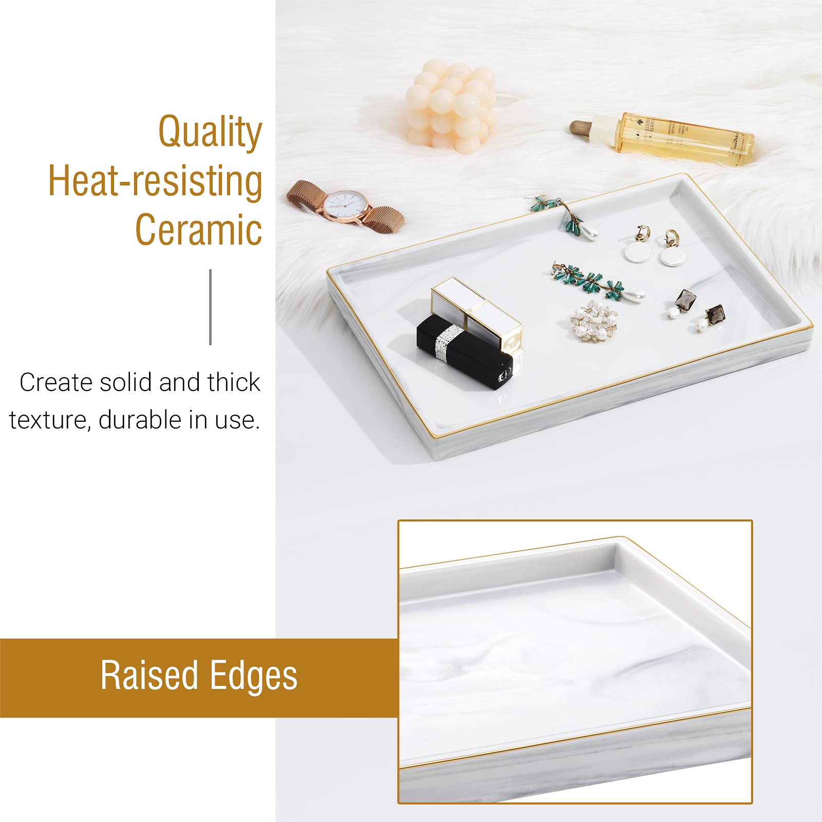 Shinowa Ceramic Vanity Tray - Marble Finish Rectangle Perfume & Jewelry Organizer for Bathroom Countertop, Dresser, Living Room & Kitchen - Large White Decorative Tray (Perfect for Organizing Fragrances, Cosmetics & Accessories)