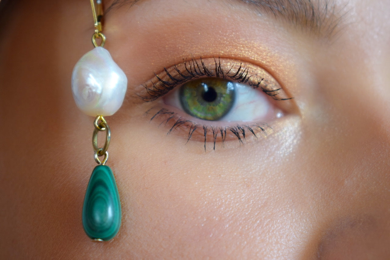 Penelope Malachite and Baroque Pearl Earrings - Handmade Dangle Earrings for Women, Green Gemstone Jewelry - Perfect for Weddings, Parties & Special Occasions