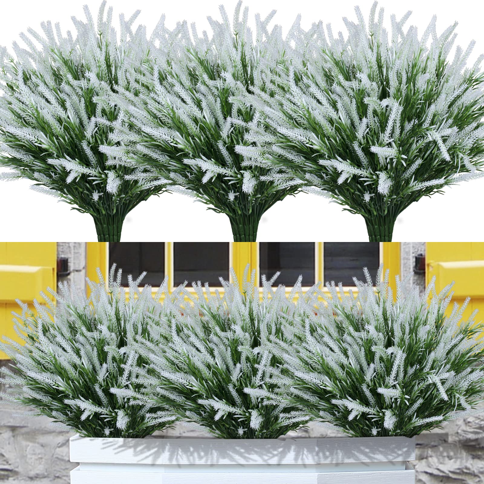 12 Bundles Artificial Lavender Flowers UV Resistant Fake Outdoor Plants - Faux Plastic Shrubs for Window Box, Garden, Porch Decor - Home Decoration (White) | Perfect for Patio, Wedding Centerpieces and DIY Landscaping Projects