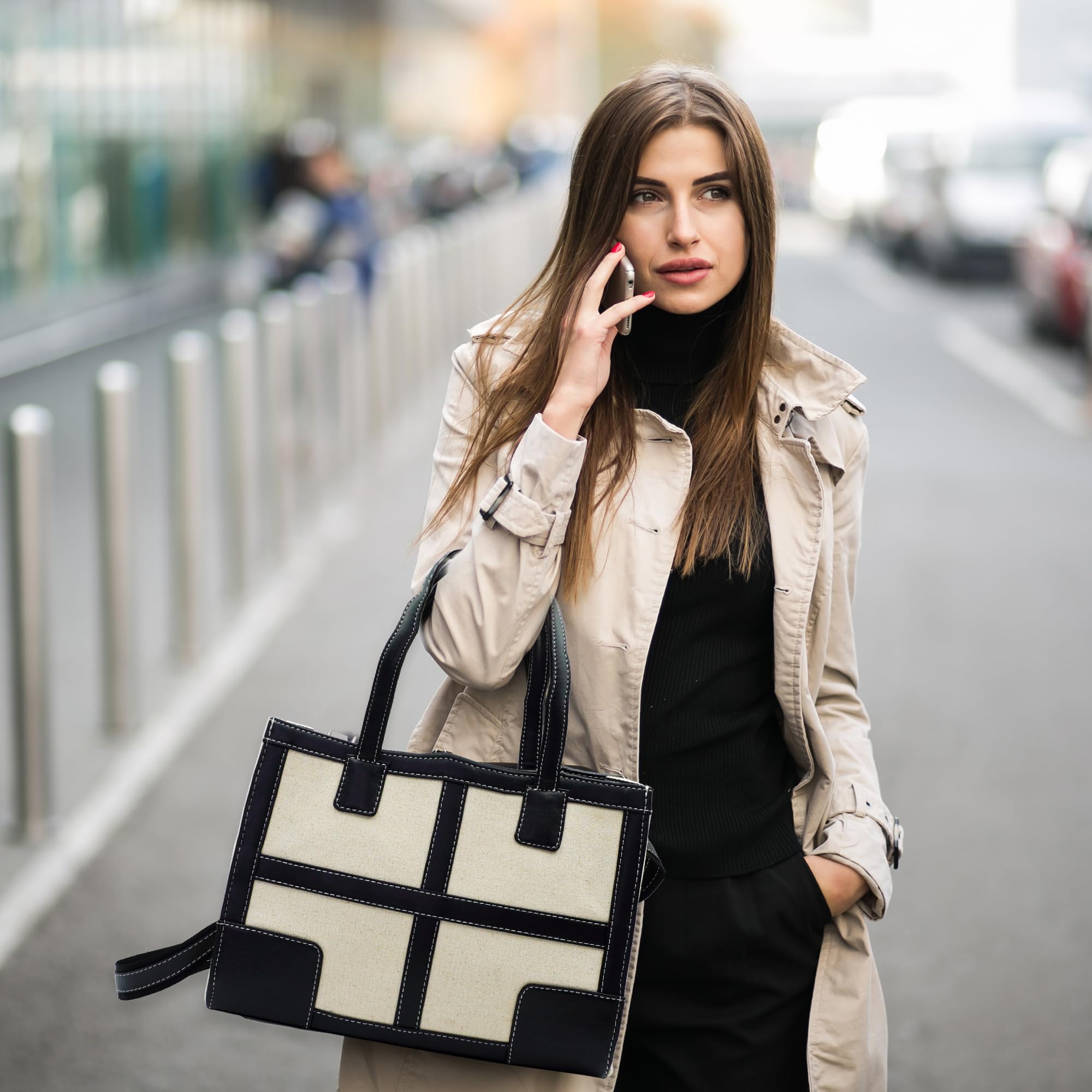 Stylish 12 Inch Canvas Tote Bag with Front Pocket - Women's Work Shoulder Bag for Office, College & Travel | Durable Casual Handbag & Small Briefcase | Perfect for Business, Commuting & Campus Life (0059)