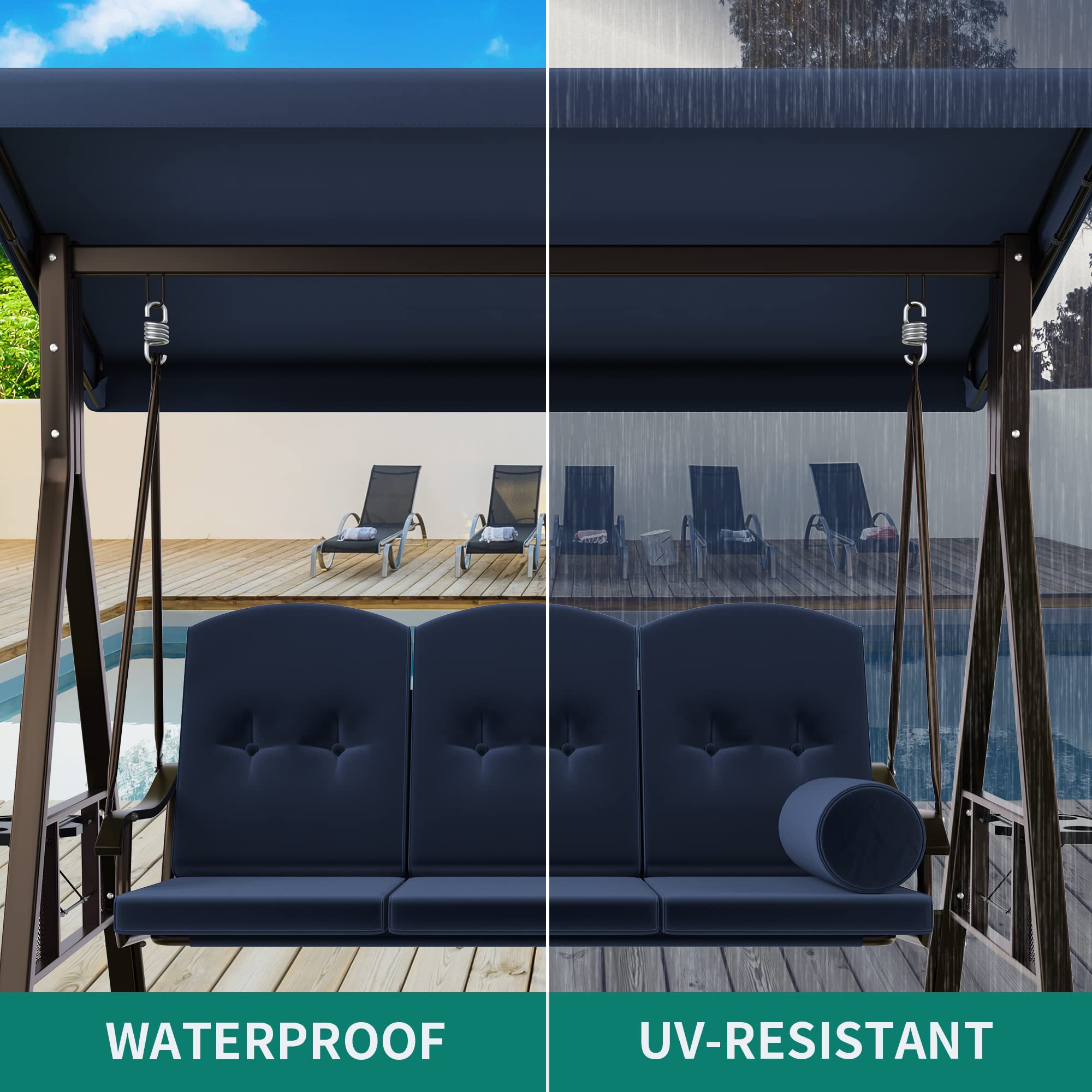 YITAHOME 3-Seat Heavy Duty Outdoor Porch Swing with Adjustable Canopy & Removable Cushions - Weather Resistant Steel Frame Patio Swing Chair for Garden, Backyard, Balcony, Deck (Navy Blue) - Perfect for Relaxing, Lounging & Enjoying Summer Breezes