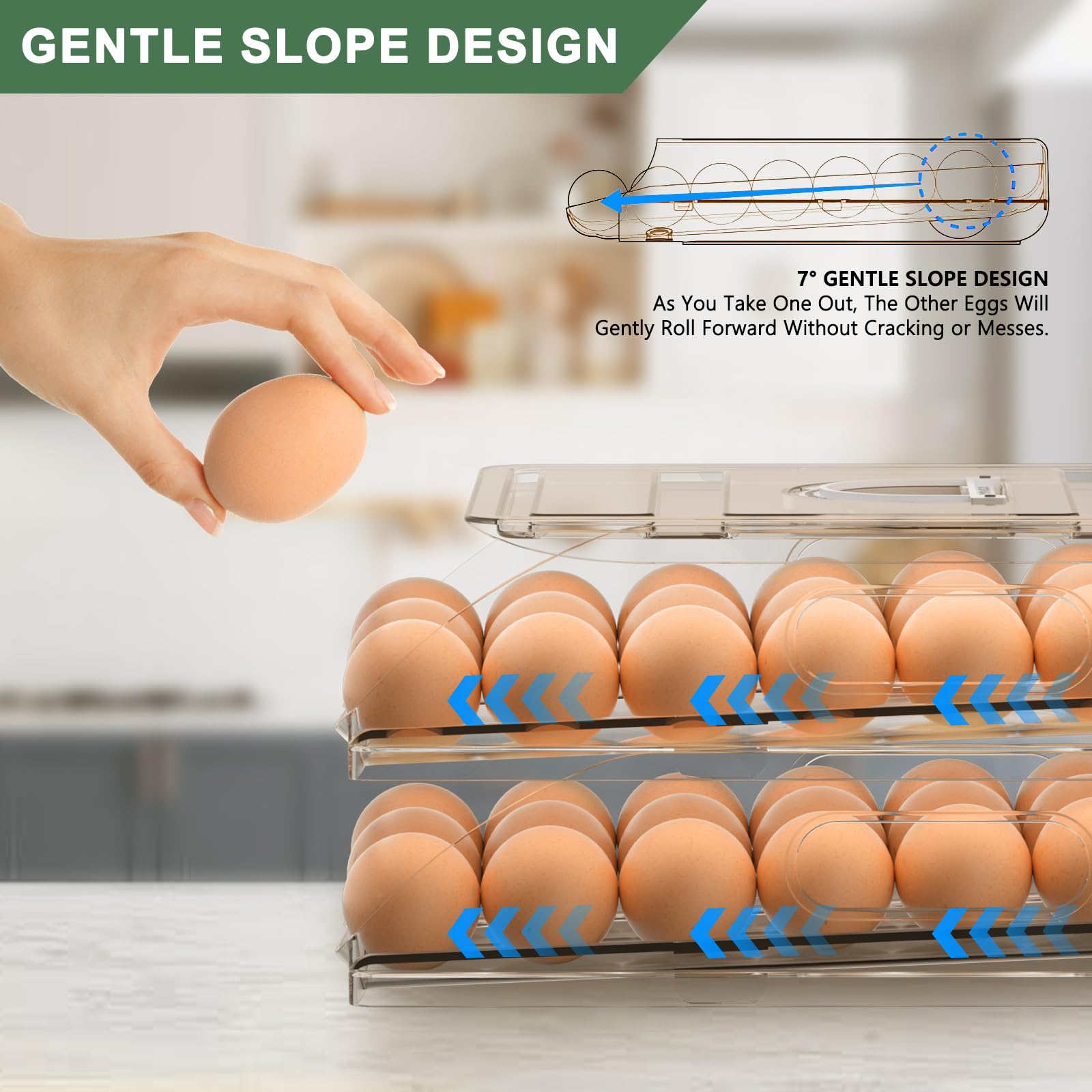 2-Layer Large Capacity Rolling Egg Holder for Refrigerator - 36 Egg Storage Container Organizer with Lid for Kitchen & Fridge - Perfect for Fresh Egg Storage, Space Saving, and Organized Refrigerator Storage