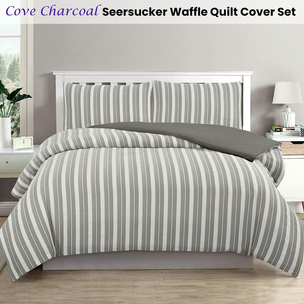 Ardor Cove King Size Charcoal Seersucker Waffle Quilt Cover Set - Breathable & Stylish Bedding for All Seasons - Perfect for Master Bedrooms, Guest Rooms & Cozy Retreats