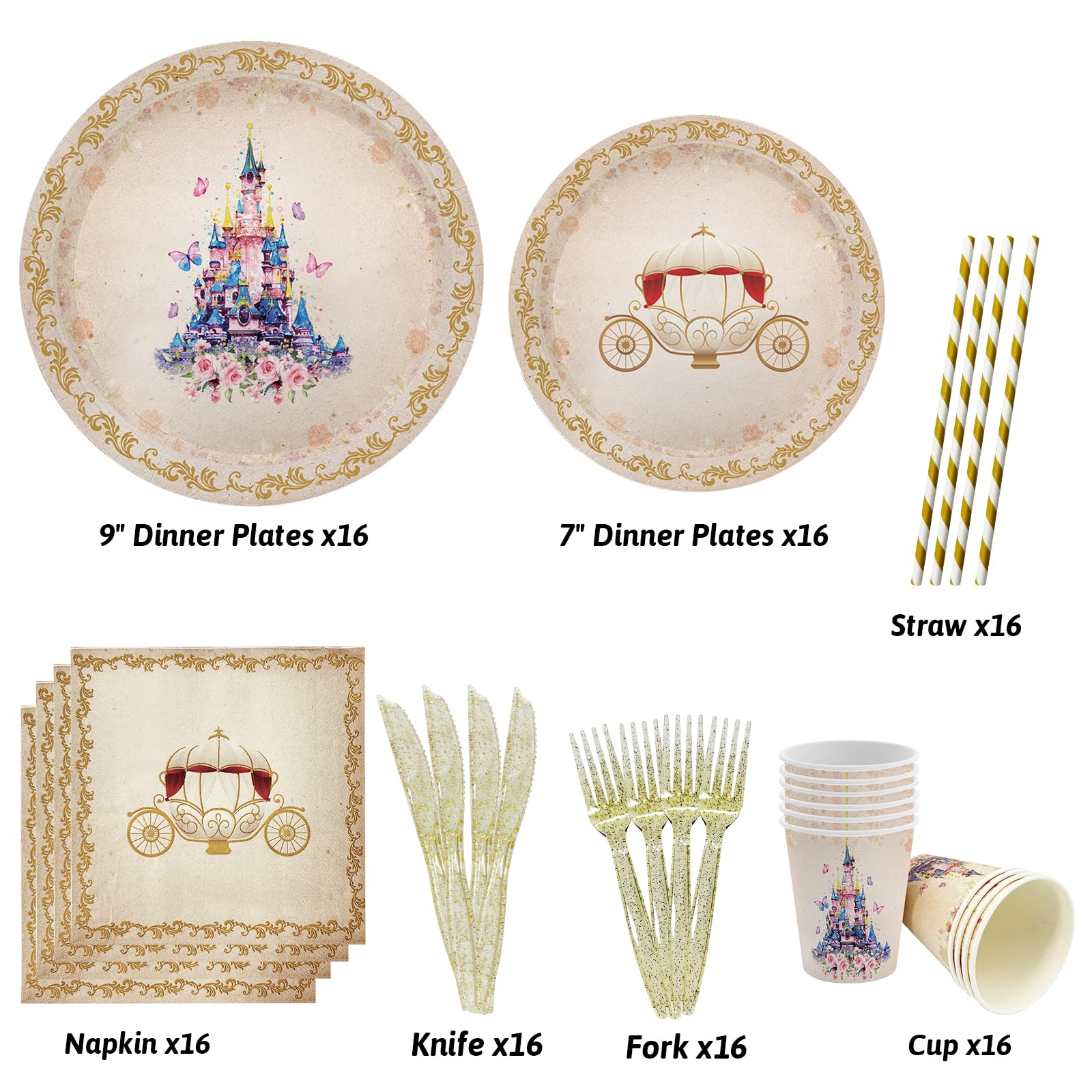 112 PCS Princess Party Plates & Tableware Set - Once Upon a Time Castle Theme Birthday Decorations with Purple Floral Napkins - Perfect for Girl's Baby Shower, Birthday Party & Princess Themed Events - Serves 16 Guests