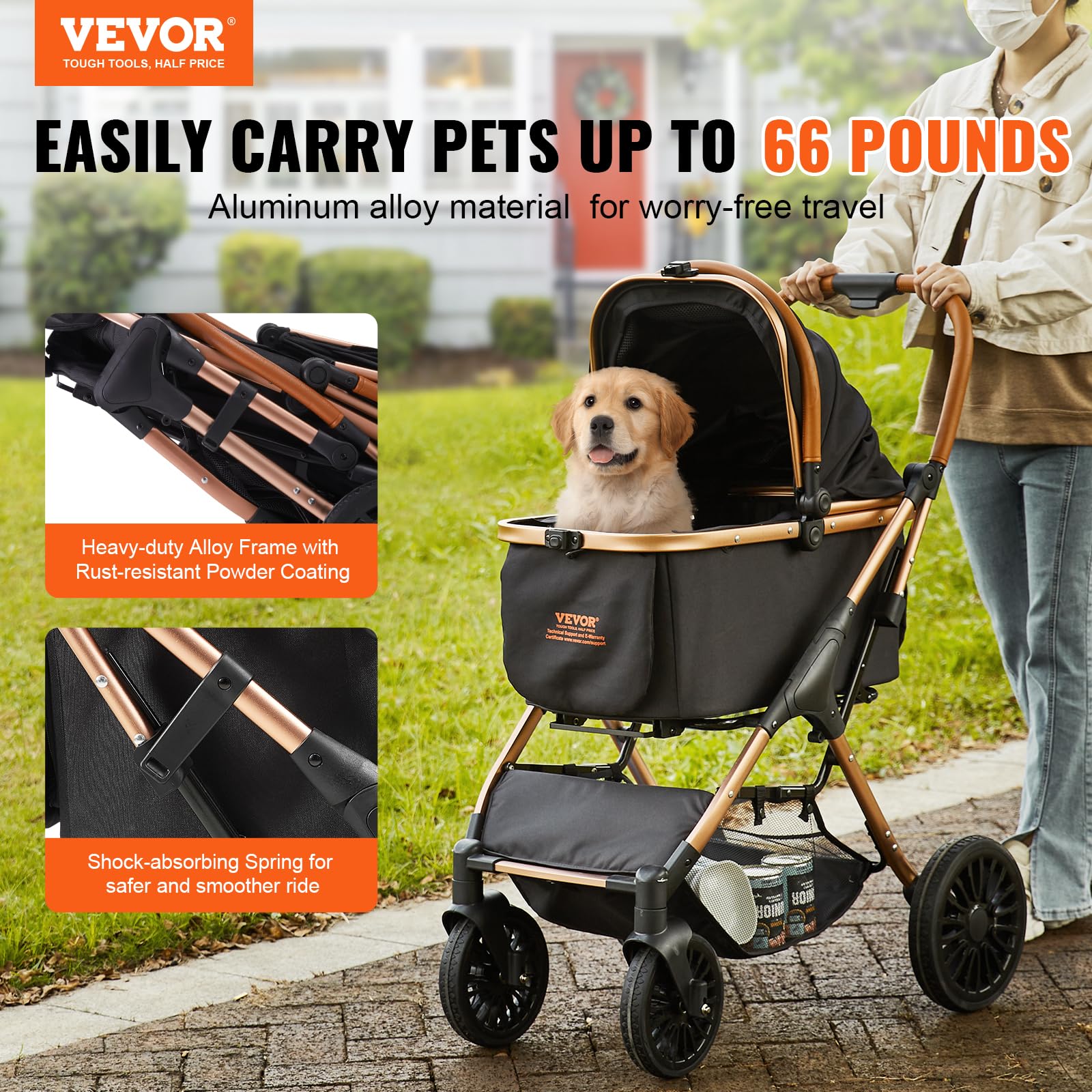 VEVOR 3-in-1 Large Pet Stroller for Dogs & Cats Up to 66lbs - Heavy Duty 4-Wheel Dog Stroller for Medium/Large Pets - Convertible Cat Carrier with Detachable Basket & Storage - Perfect for Vet Visits, Shopping & Outdoor Adventures
