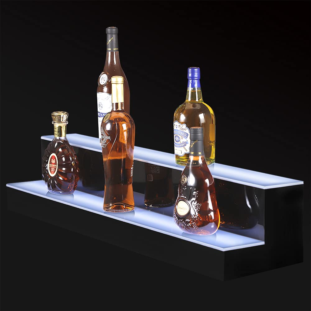 40 Inch Acrylic LED Liquor Bottle Display Shelf - 2 Tier Lighted Bar Shelf with RF Remote Control for Home & Commercial Use | Perfect for Countertop Display in Bars, Restaurants, and Retail Stores