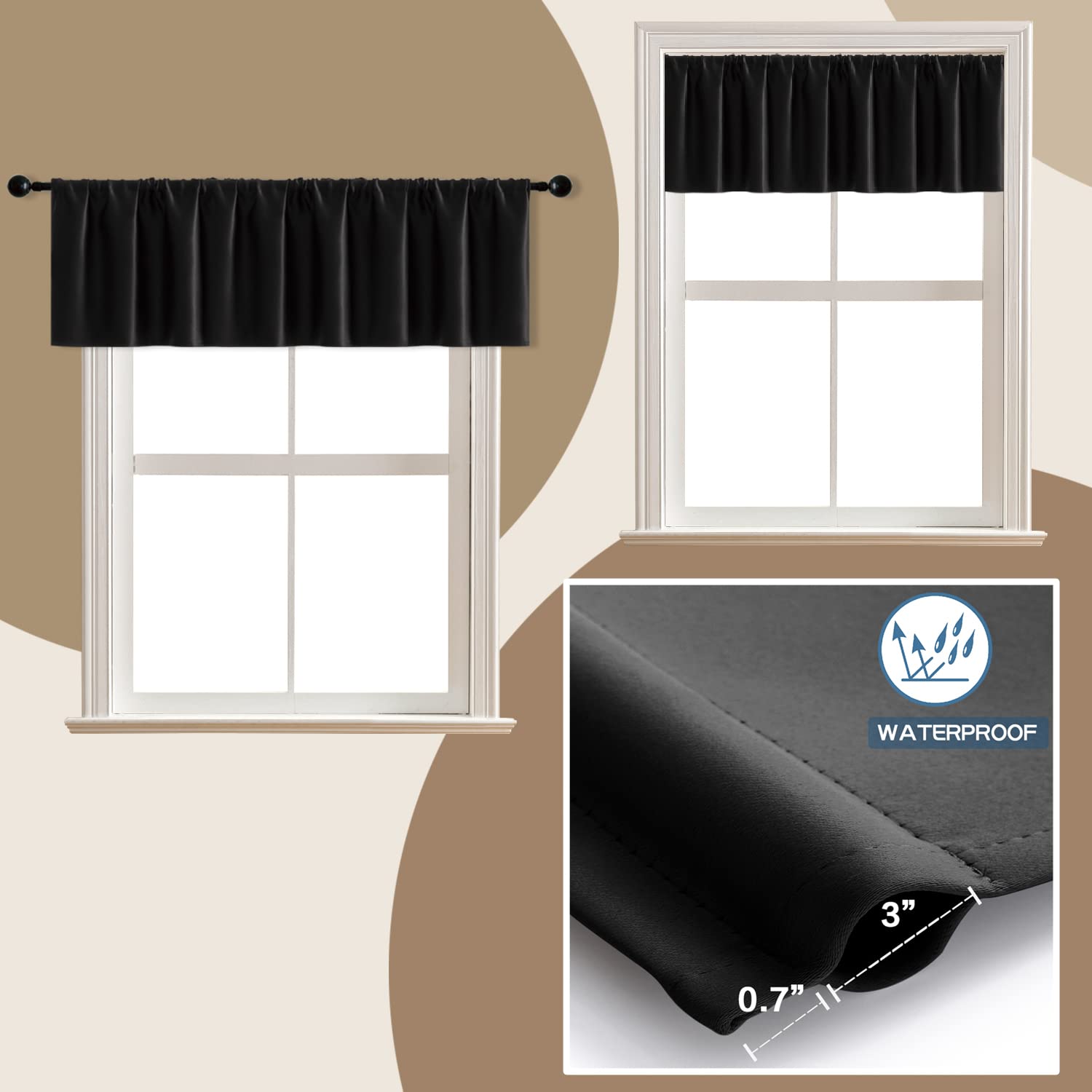 XTMYI 18 Inch Black Waterproof Window Valances - 2 Pack Rod Pocket Curtains for Bathroom, Small Basement & Kitchen - Moisture Resistant & Stylish Home Decor