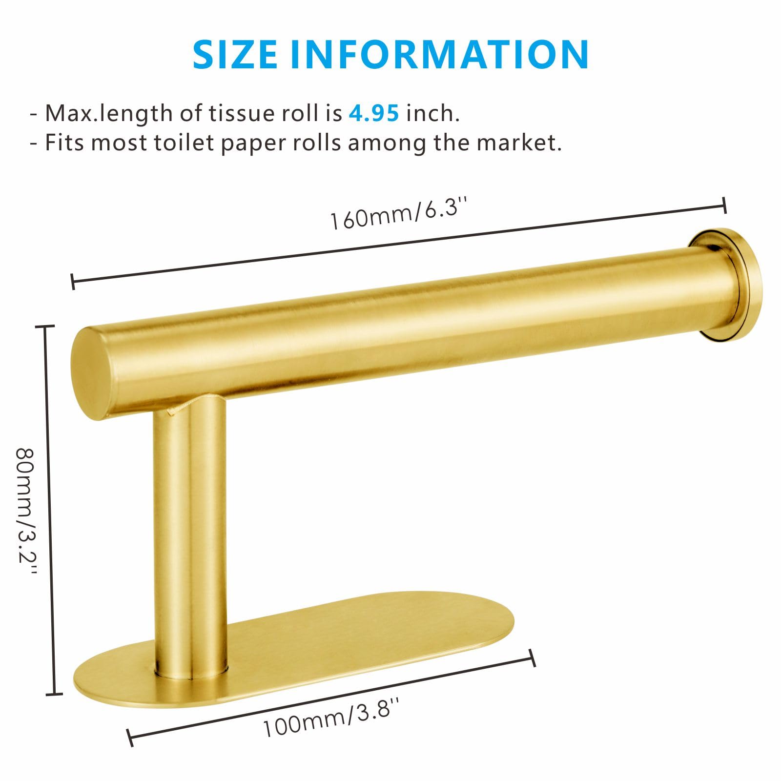 Eolax No Drill Self Adhesive Toilet Paper Holder - 304 Stainless Steel Wall Mount Bathroom Tissue Roll Holder (Gold) - Perfect for Small Spaces, Apartments & RVs