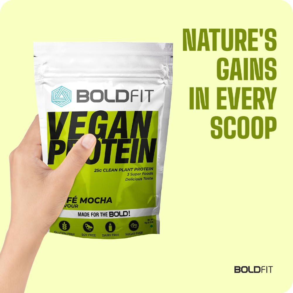 Boldfit Plant Based Protein Powder - Vegan Protein Supplement for Men & Women with Turmeric, Bromelain & Piperine for Faster Absorption & Reduced Bloating - Easy Digest Mocha Flavor (1kg) | Post-Workout Recovery, Muscle Growth & Healthy Lifestyle