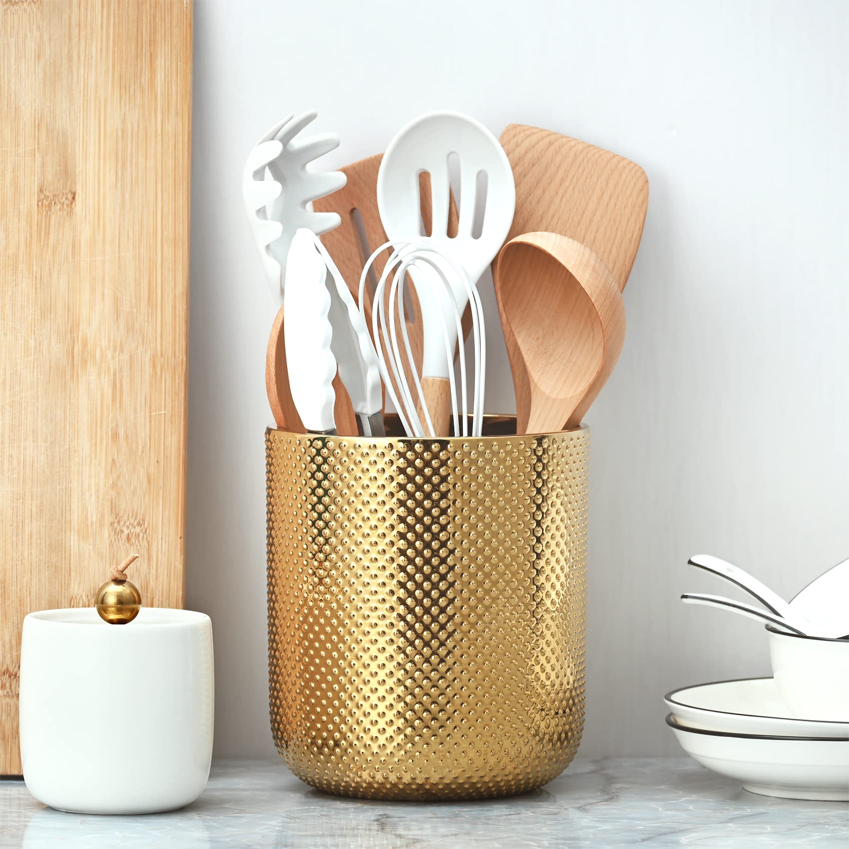 Ceramic Kitchen Utensil Holder - Gold Countertop Organizer for Cooking Tools (5.1