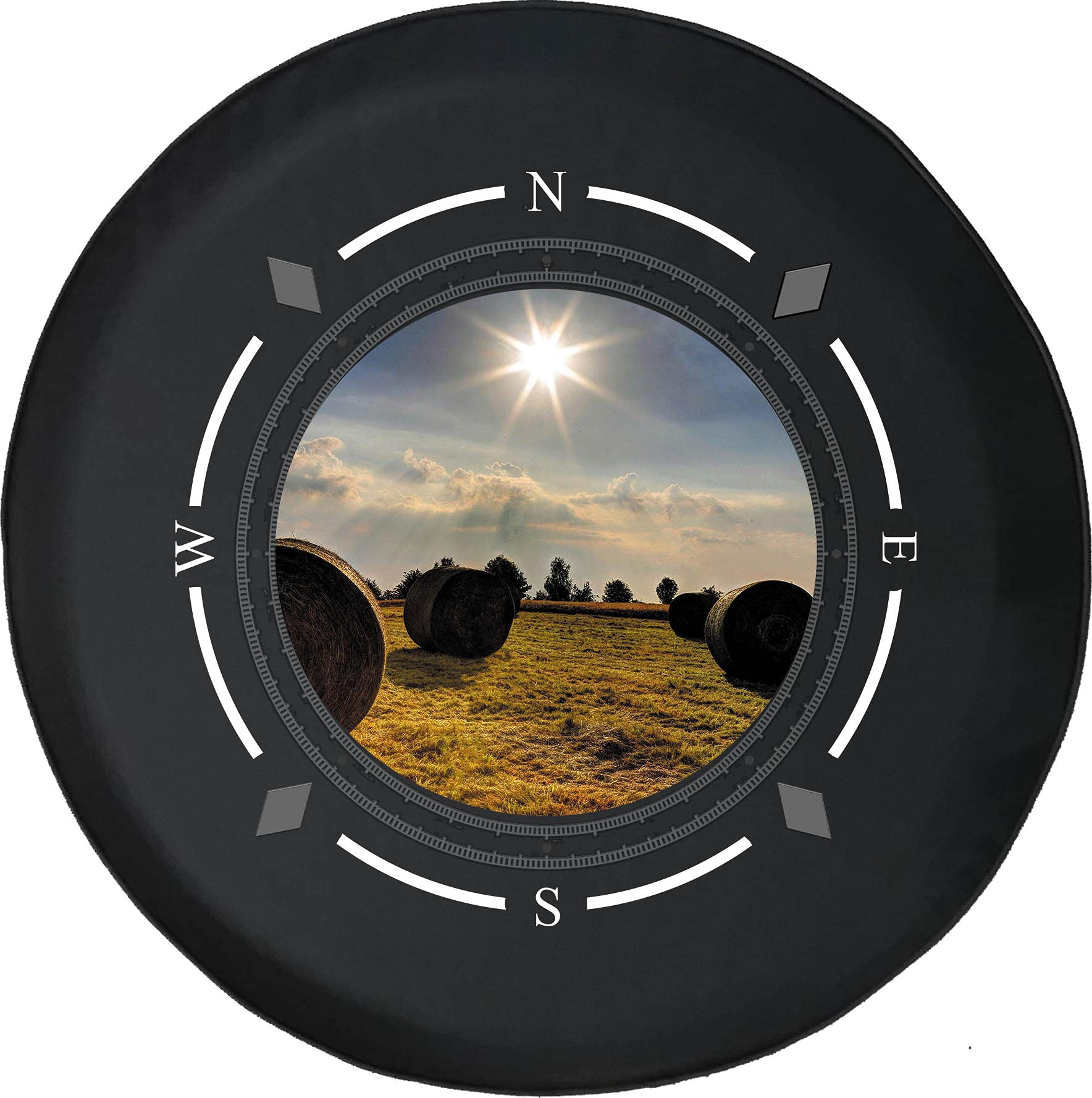 Premium Spare Tire Cover with Compass & Hay Bales Design - American Farmland Themed Wheel Protector for SUVs, Trailers, RVs & Most Vehicles | Durable UV-Resistant Accessory for Road Trips & Outdoor Adventures