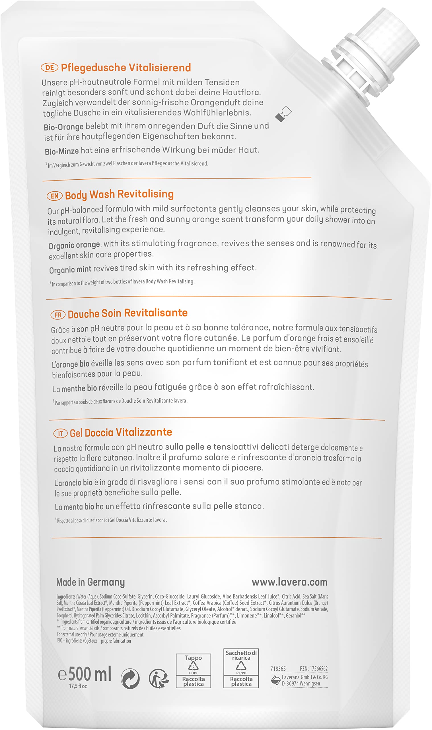 Organic Lavera Body Wash - Vegan Shower Gel with Orange & Mint for Gentle Cleansing - 500ml