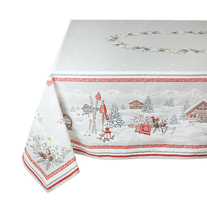 Tissus Toselli 60x120 Inch Rectangular Snow Trek Acrylic Coated Cotton Tablecloth - Waterproof & Stain-Resistant Dining Table Cover for Parties, Weddings, and Everyday Use