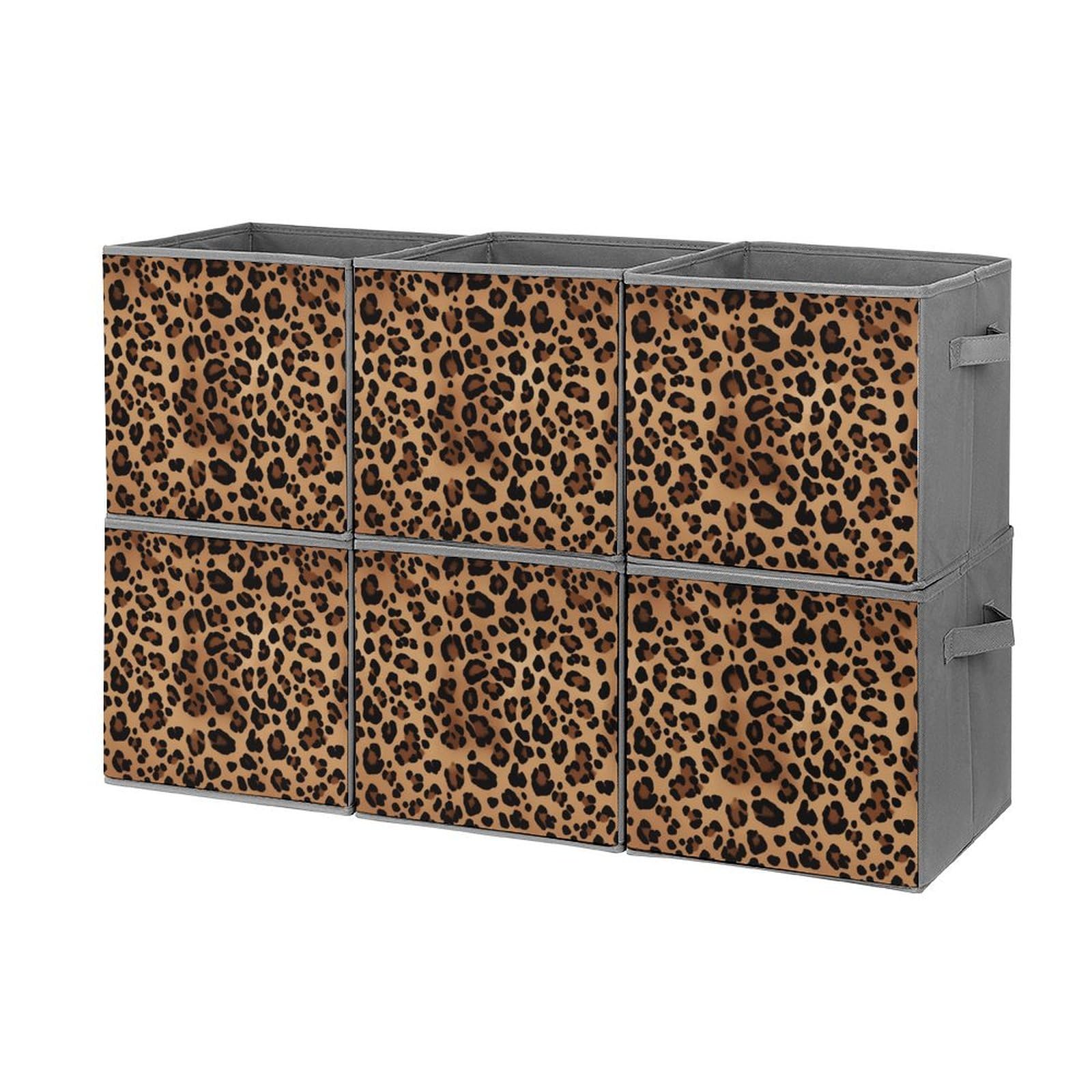 6-Piece Collapsible Leopard Print Storage Bins with Handles - Foldable Organizing Baskets for Shelves, Closet, Pantry | Perfect for Home, Office & Dorm Organization