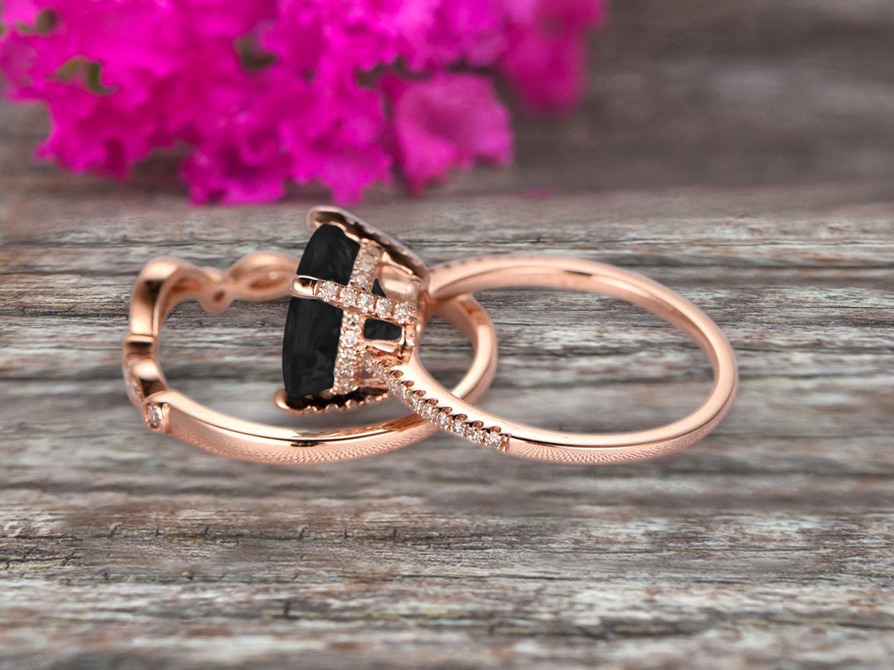 1.75 Carat 2Pcs Black Diamond Moissanite Wedding Ring Set - Cushion Cut Black Diamond Engagement Ring & 10k Rose Gold Curved Art Deco Matching Band - Personalized Bridal Jewelry for Weddings, Anniversaries & Special Occasions