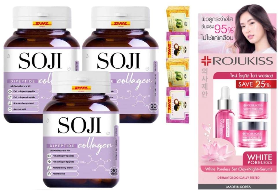 Soji Collagen Japan Anti-Aging Poreless Set - 3 Bottles Serum (5ml Each) with Free Tomato Facial Mask - Day & Night Skincare Routine for Glowing Skin - DHL Express Shipping by Thaigiftshop