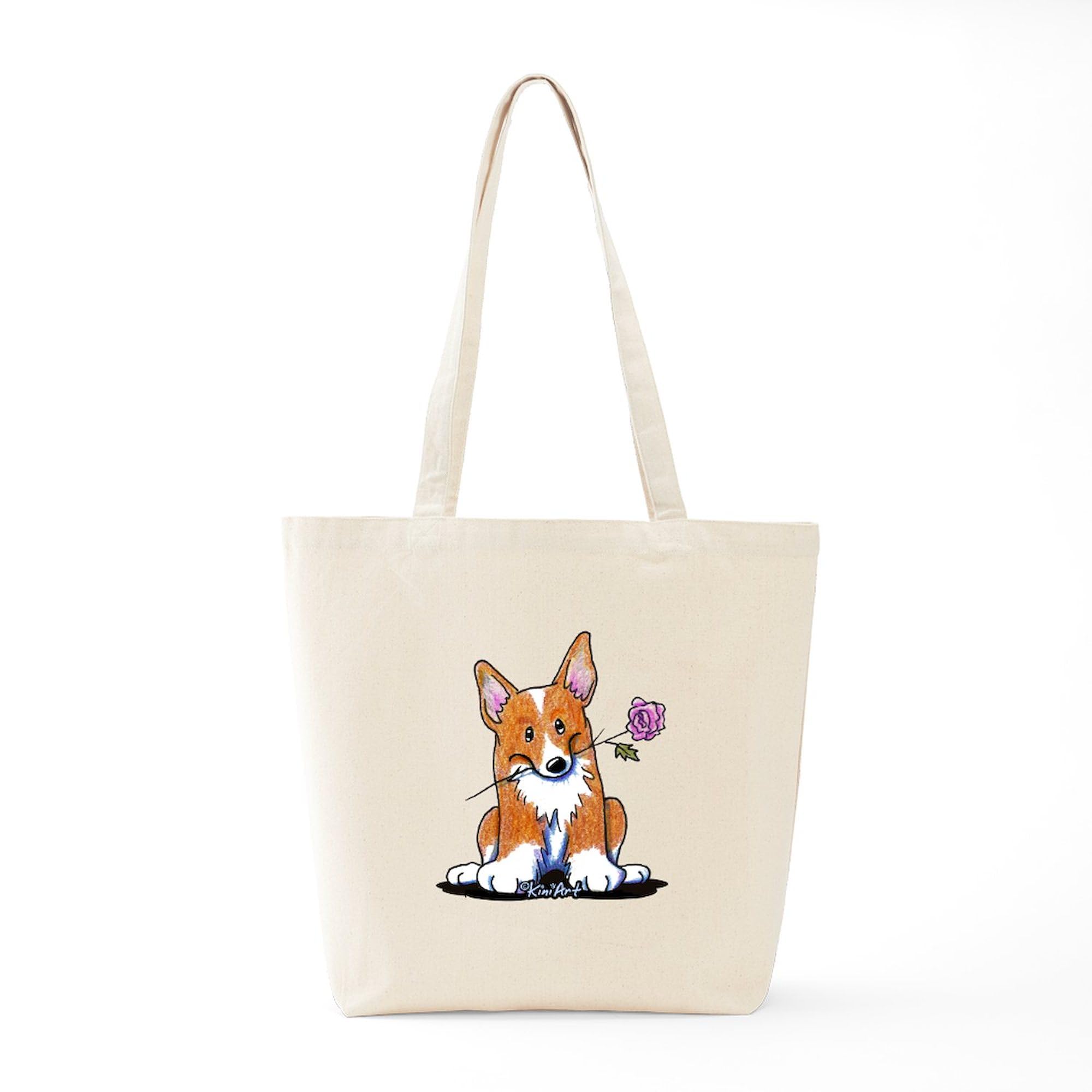 CafePress Corgi with Flower Canvas Tote Bag - Natural Reusable Grocery Shopping Bag for Women, Beach, Farmers Market & Everyday Use