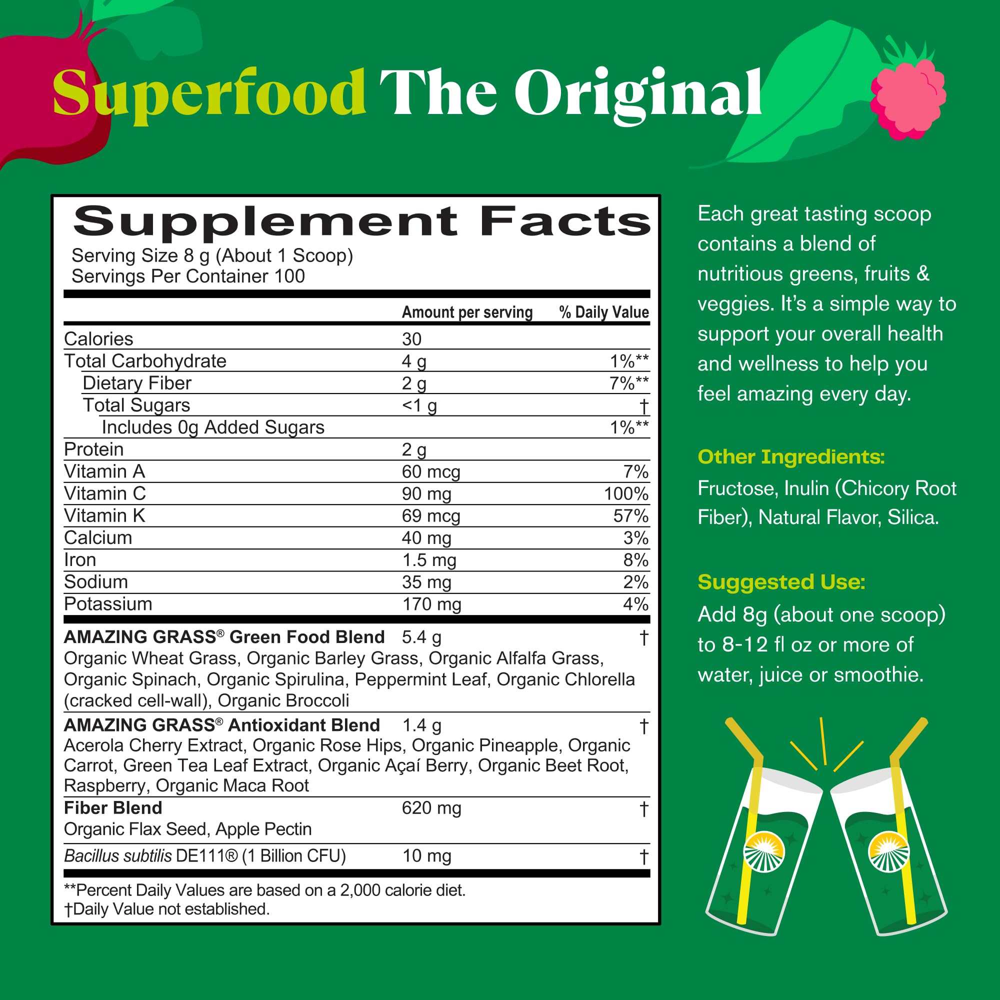 Amazing Grass Greens Superfood Powder - Organic Spirulina, Chlorella & Beet Root Powder with Digestive Enzymes & Probiotics (100 Servings) | Boost Energy, Detox & Digestion for Active Lifestyles