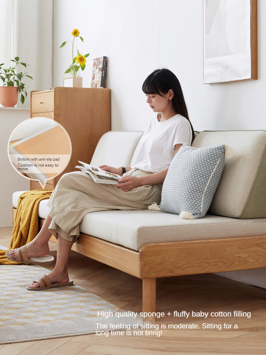 **Solid Oak Wood Tatami Fabric Sofa Bed - Convertible Folding Futon for Small Spaces, Guest Room & Apartment Living**