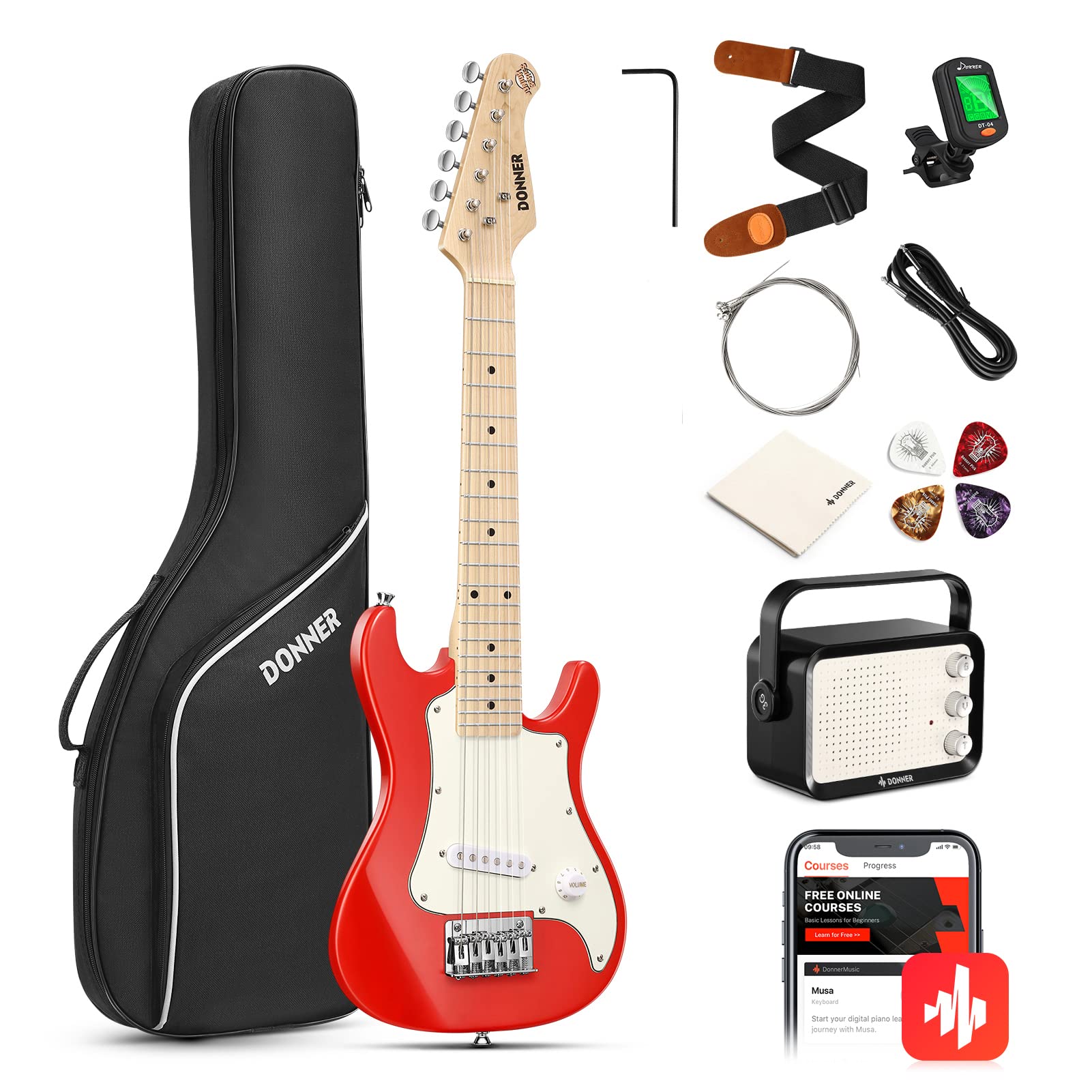 **Donner DSJ-100 30-Inch Mini Electric Guitar Starter Kit for Kids & Beginners – ST Style Junior Guitar with Amp, 600D Gig Bag, Tuner, Picks, Cable, Strap & Extra Strings (Red) – Perfect for Home Practice, Lessons & Rocking Out**