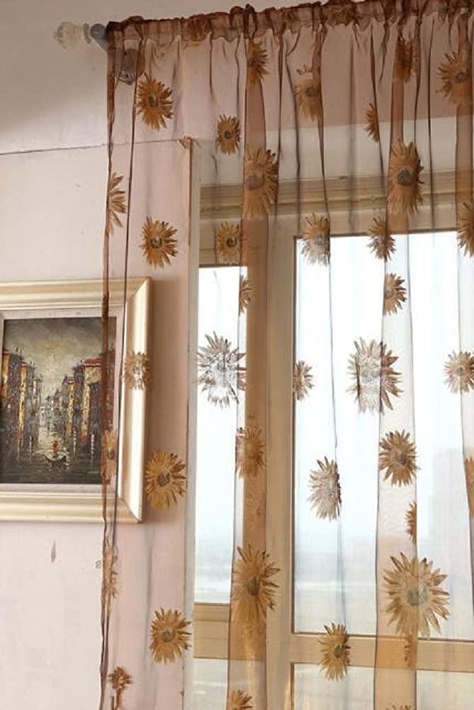 Sunflower Print Sheer Curtains - 52x72 Inch Brown Voile Window Panels for Living Room, Bedroom, Kids Room & Kitchen - Light Filtering Gauze Tulle Drapes for Farmhouse, Countryside & Boho Home Decor - Perfect for Privacy & Sunlight Control
