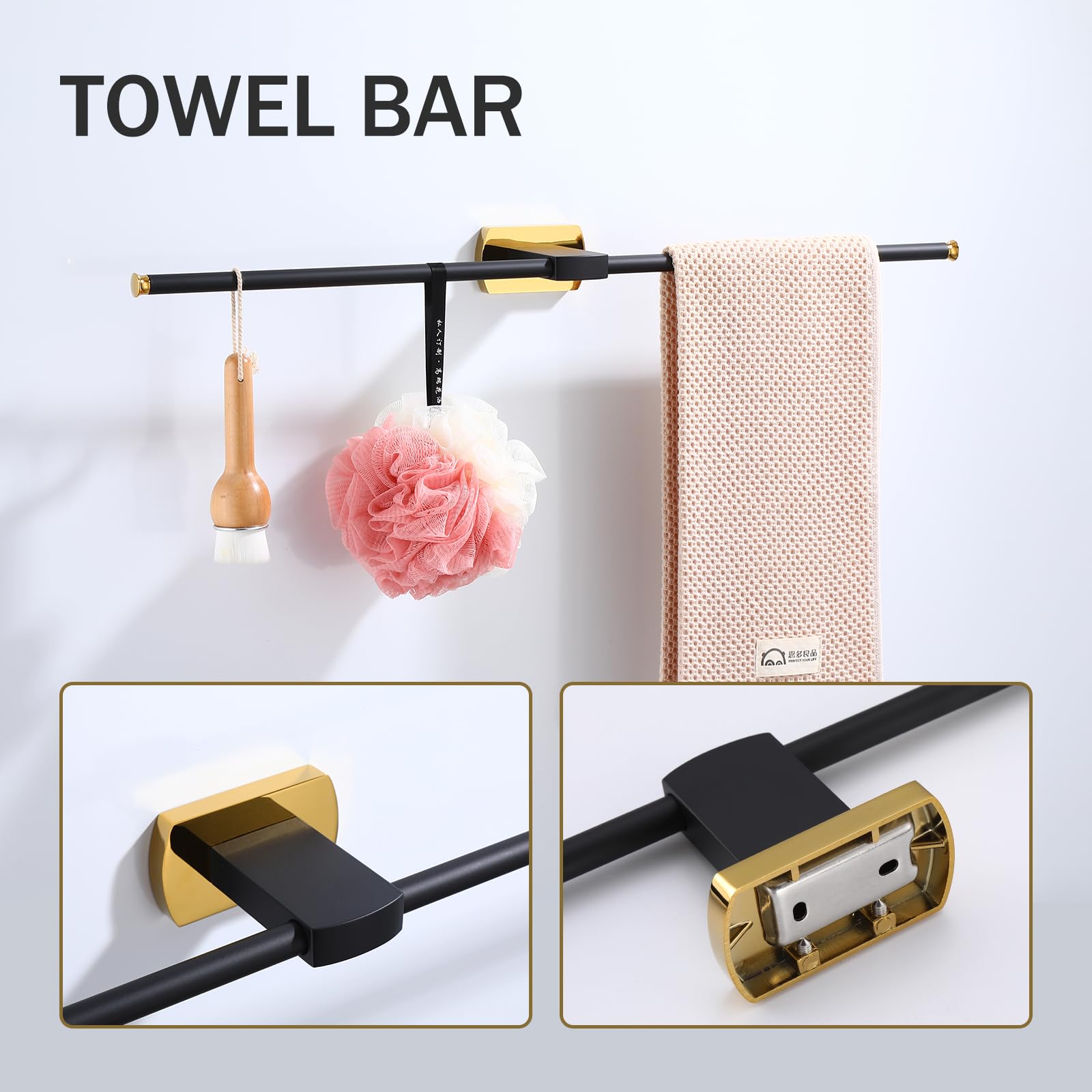 Premium 3-Piece Bathroom Hardware Set - Matte Black Zinc Alloy Towel Holder, Toilet Paper Stand & Wall-Mounted Ring with Gold Accents | Modern Bathroom Accessories for Home & Hotel Decor | Rust-Resistant & Easy Installation