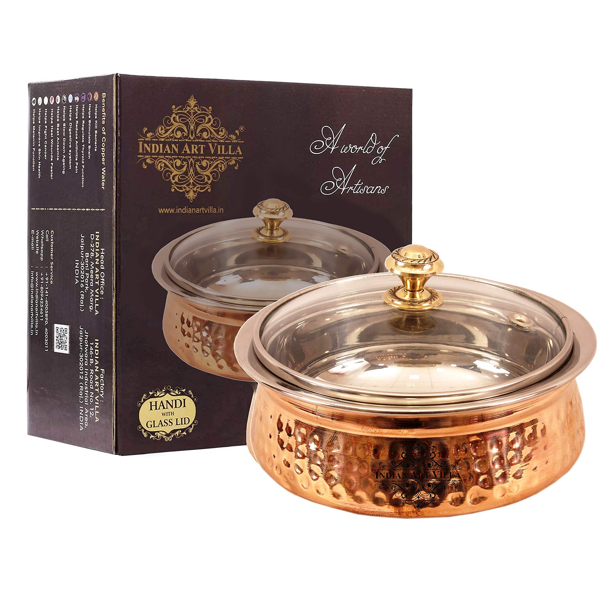 Premium Indian Handi Pot with Glass Lid - 25 Oz Steel & Copper Serving Dish for Chicken Biryani, Vegetables, Curries - Elegant Tableware for Home, Hotel, Restaurant - Set of 2 (Ideal for Festive Meals, Dinner Parties & Traditional Cooking)