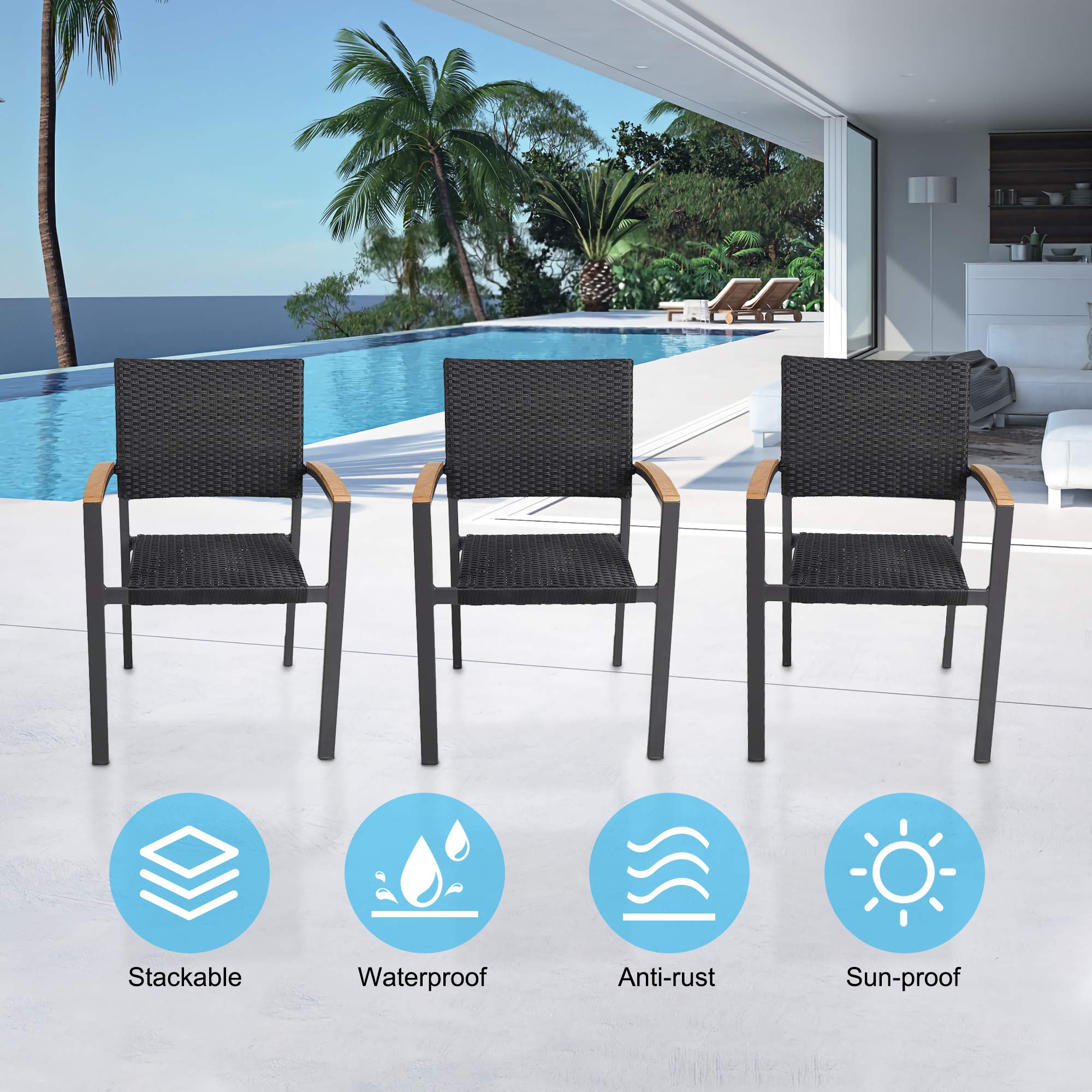 TRY & DO 4-Piece Patio Dining Chair Set - Outdoor Stackable Wicker Chairs with Wooden Armrests, PE Rattan & Aluminum Frame - Perfect for Garden, Balcony, Lawn, Indoor Dining & Entertaining