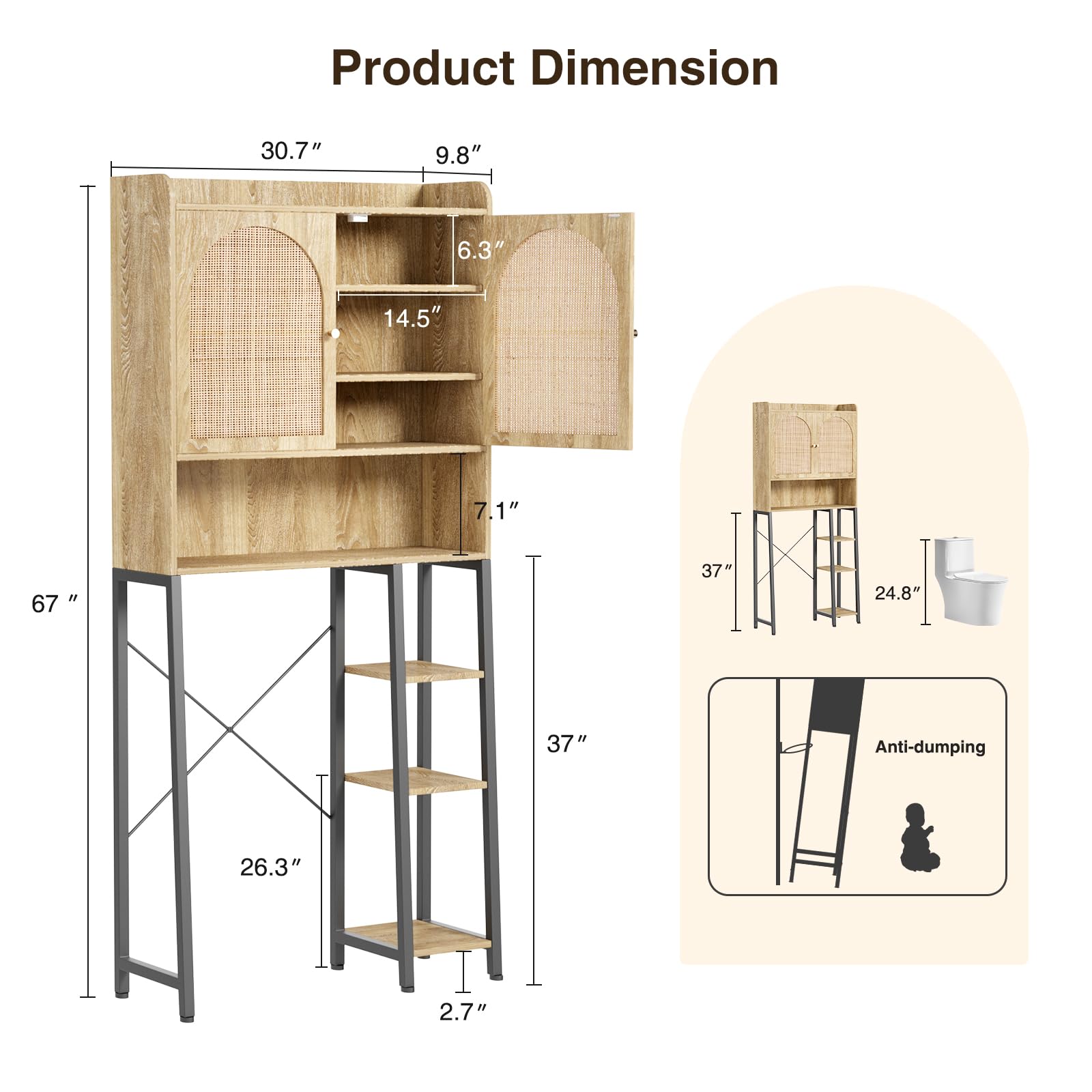 Rattan Over The Toilet Storage Cabinet with Adjustable Shelf - Bathroom Organizer with Large Space, Metal Stand & Natural Rattan Door - Tall Storage Shelves for Toilet Paper, Towels & Bath Essentials - Perfect for Small Bathrooms & Space-Saving Solutions